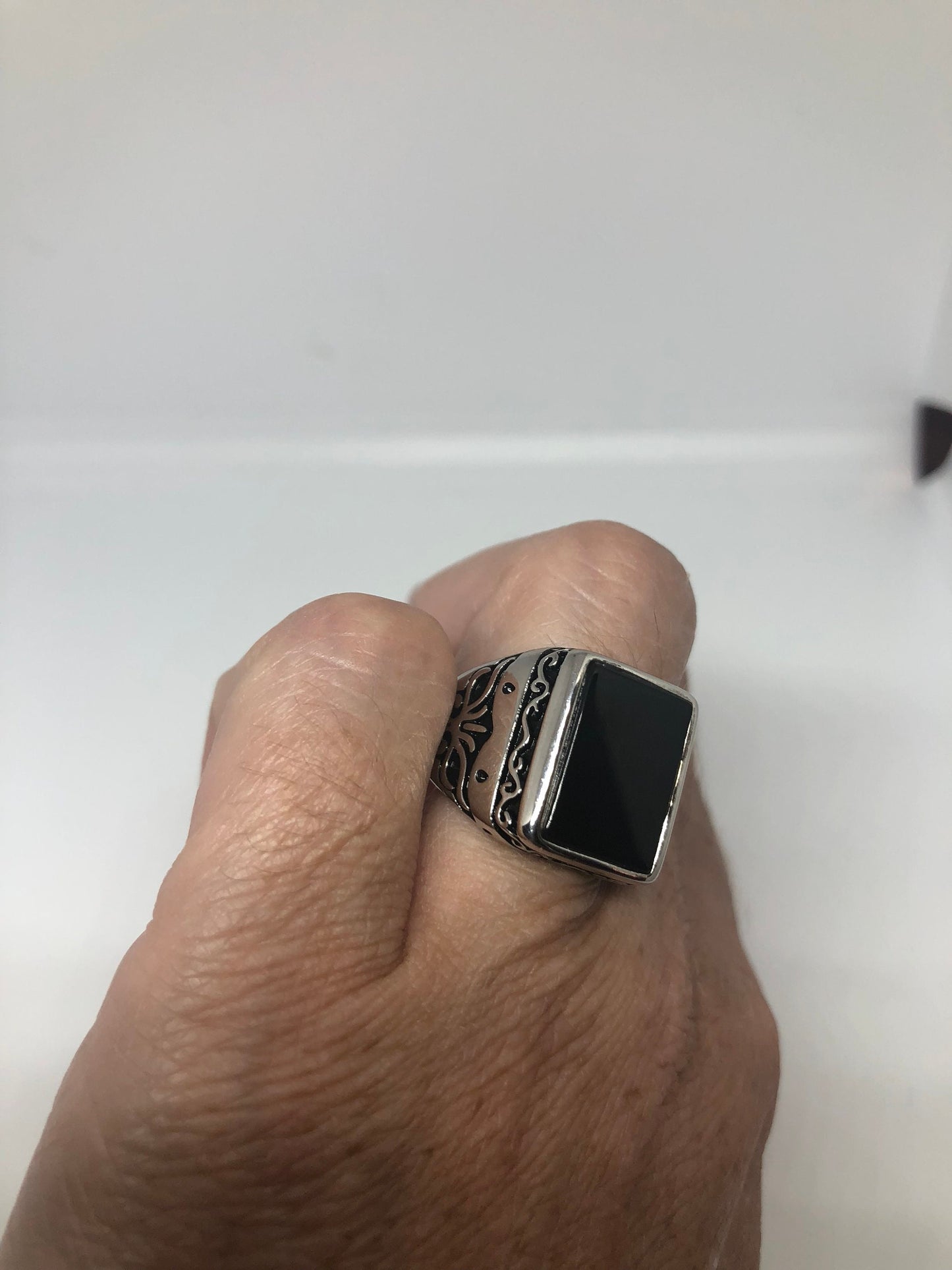 Vintage Deco Onyx Mens Ring 925 Sterling Silver