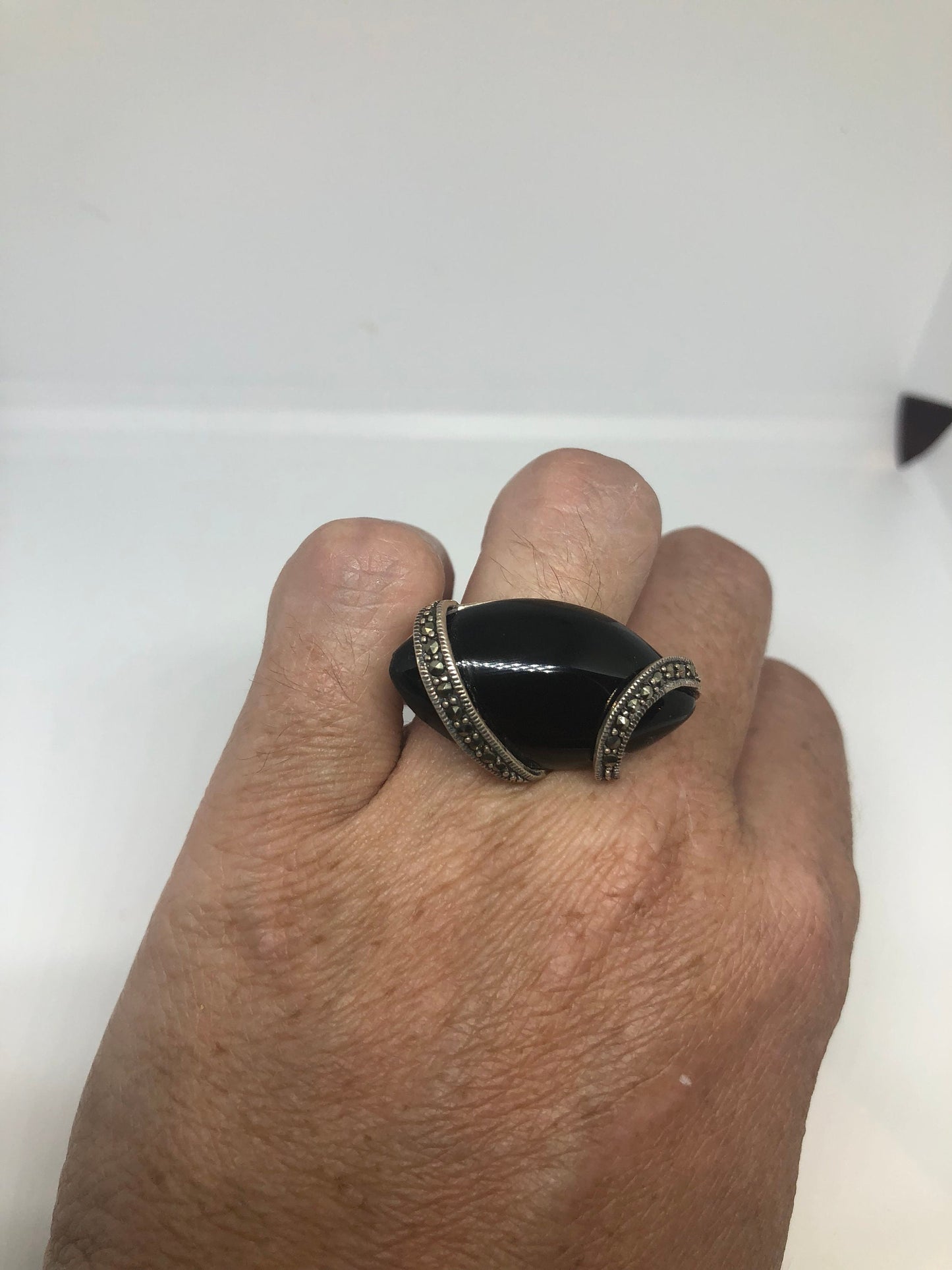 Vintage Genuine Black Onyx Silver Marcasite Ring