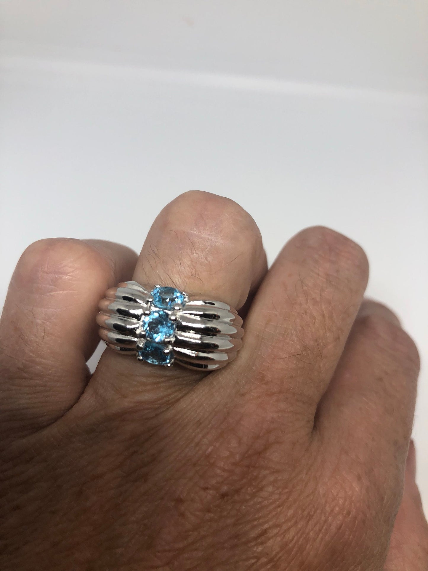Vintage Genuine Blue Topaz 925 Sterling Silver Rhodium Ring