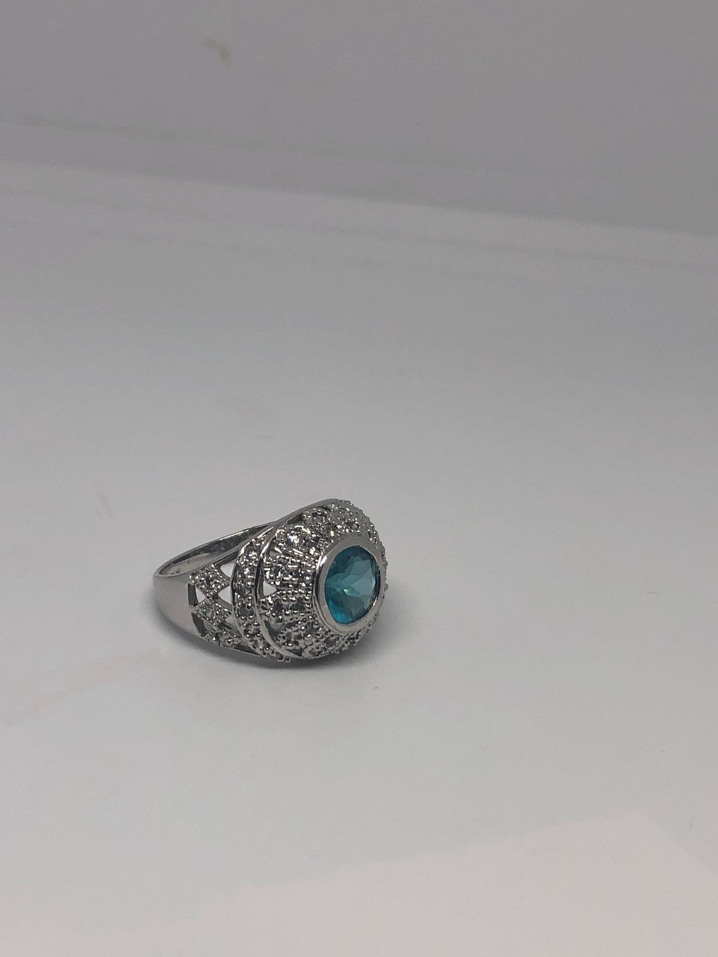 Vintage Genuine Blue Topaz and White Sapphire 925 Sterling Silver Rhodium Ring