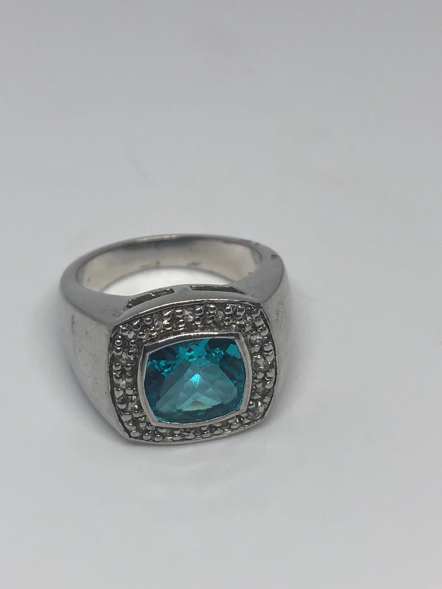 Vintage Genuine Blue Topaz and White Sapphire 925 Sterling Silver Rhodium Ring