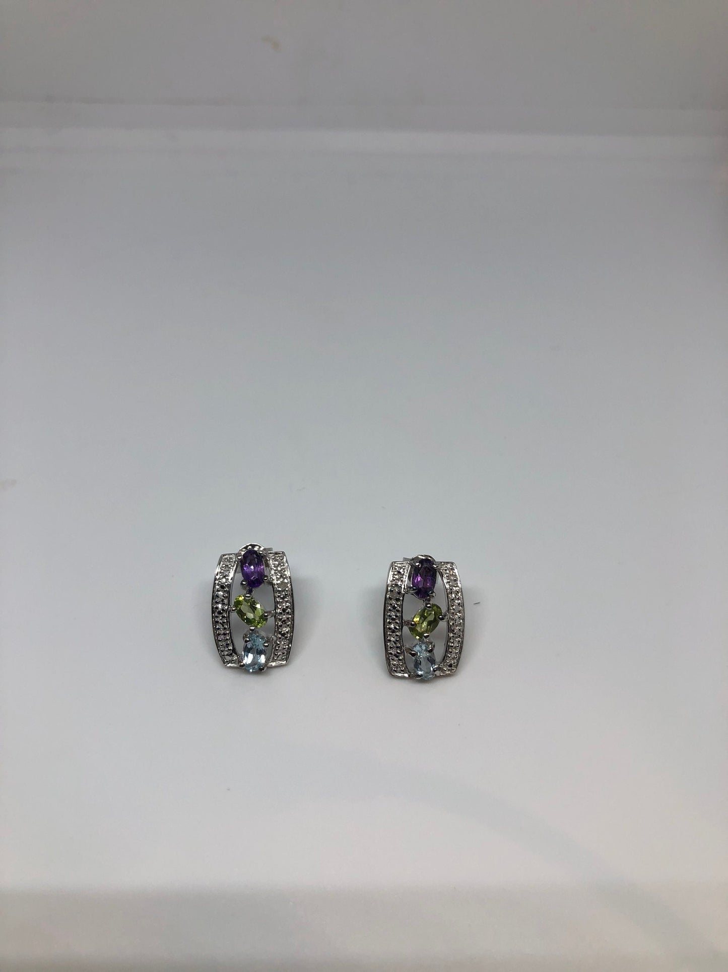 Vintage Mixed Genuine Gemstone Filigree 925 Sterling Silver Dangle button Earrings