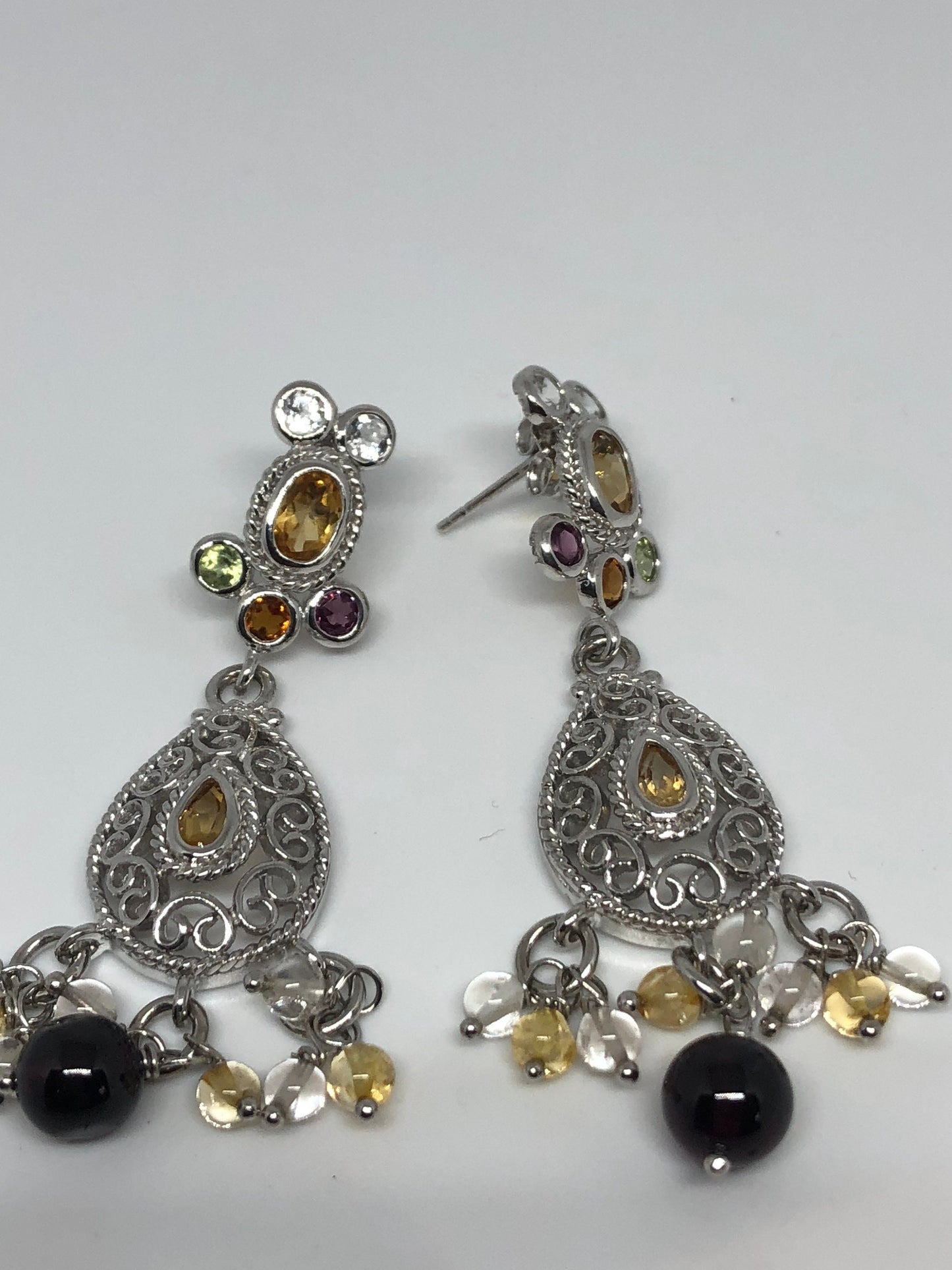 Vintage Mixed Genuine Gemstone Filigree 925 Sterling Silver Dangle button Earrings