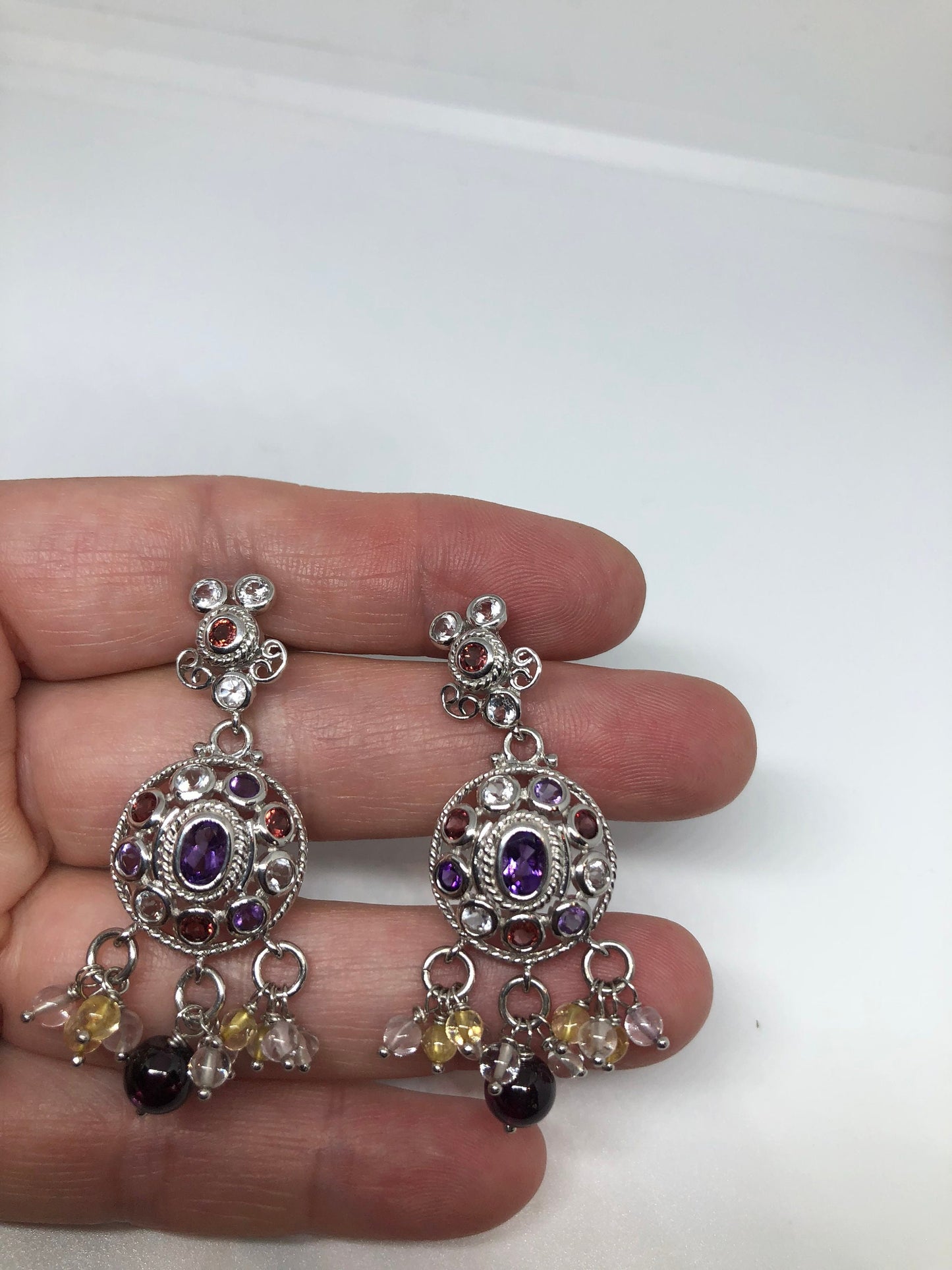 Vintage Mixed Genuine Gemstone Filigree 925 Sterling Silver Dangle button Earrings