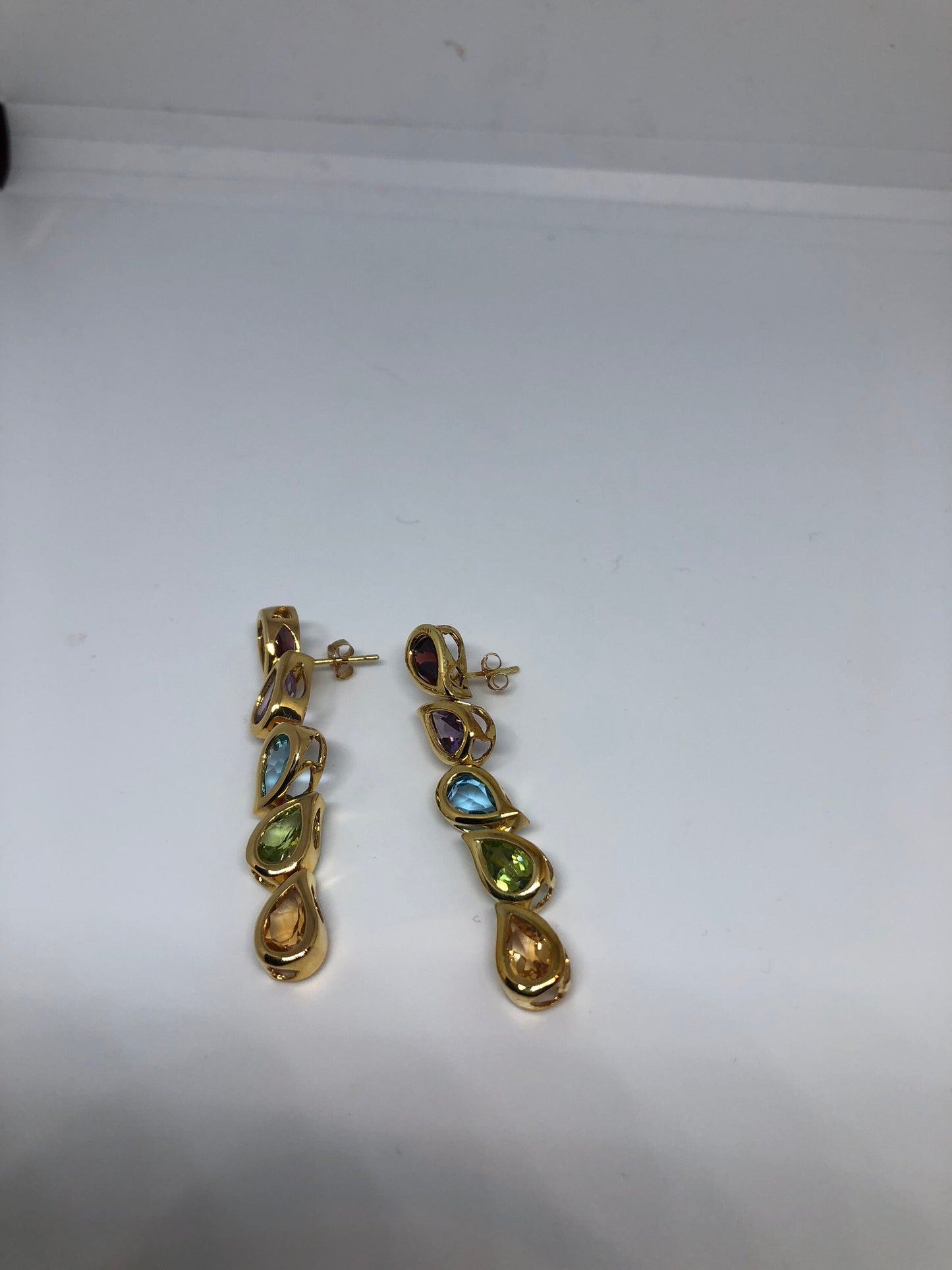 Vintage Mixed Genuine Gemstone Filigree 925 Sterling Silver Dangle button Earrings