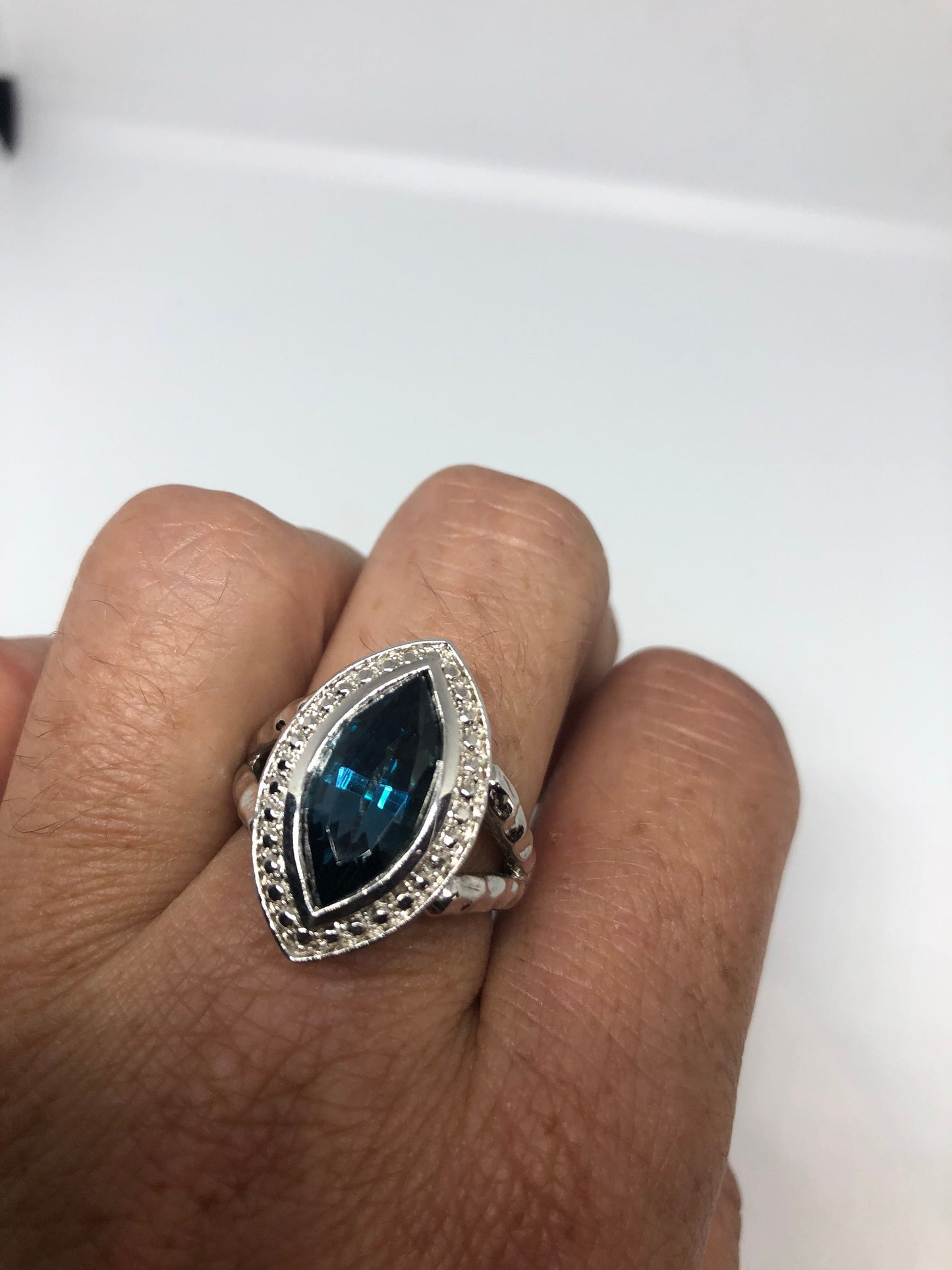 Vintage Genuine London Blue Topaz 925 Sterling Silver Rhodium Ring