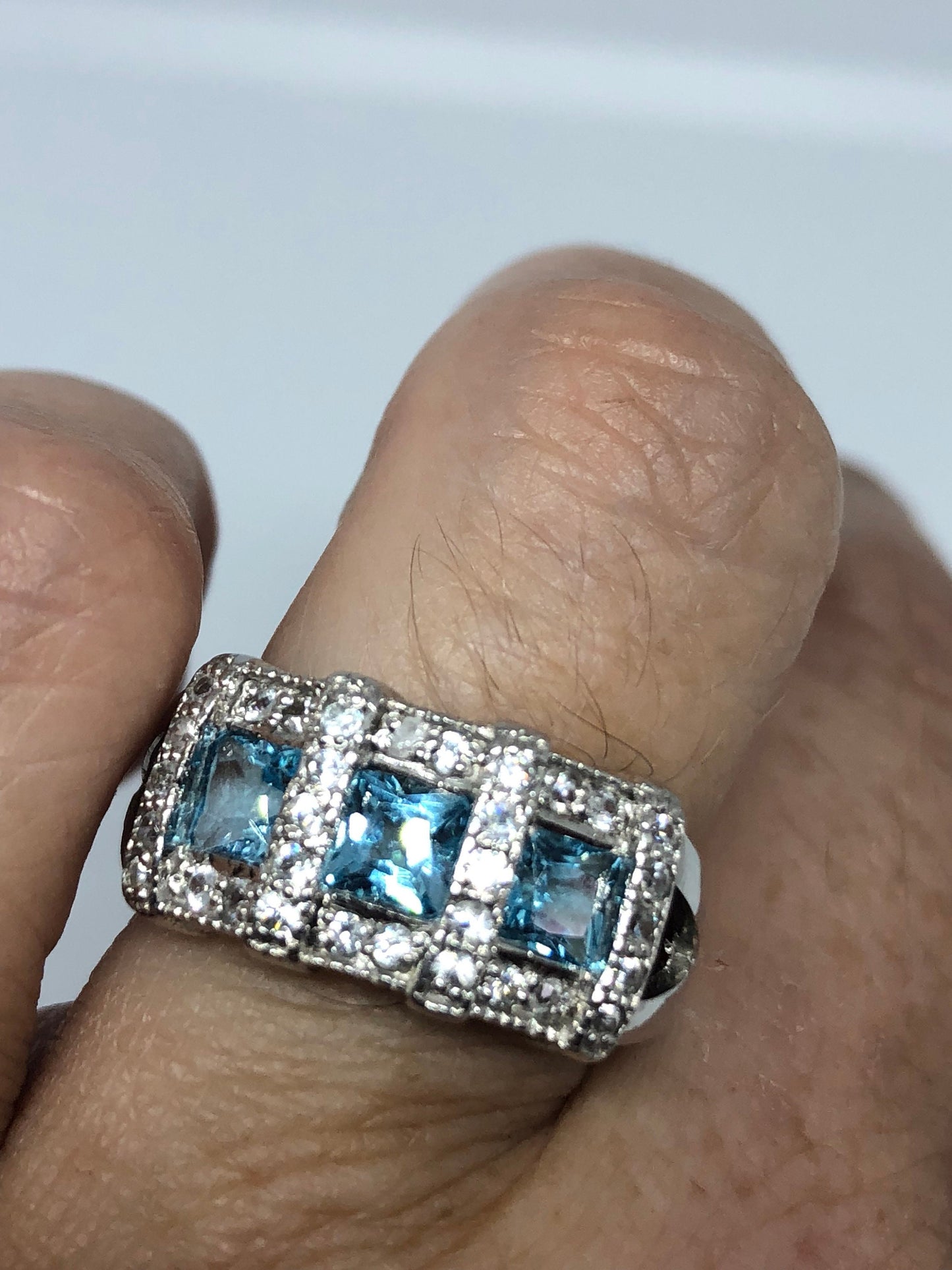 Vintage Genuine Blue Topaz 925 Sterling Silver Rhodium Ring