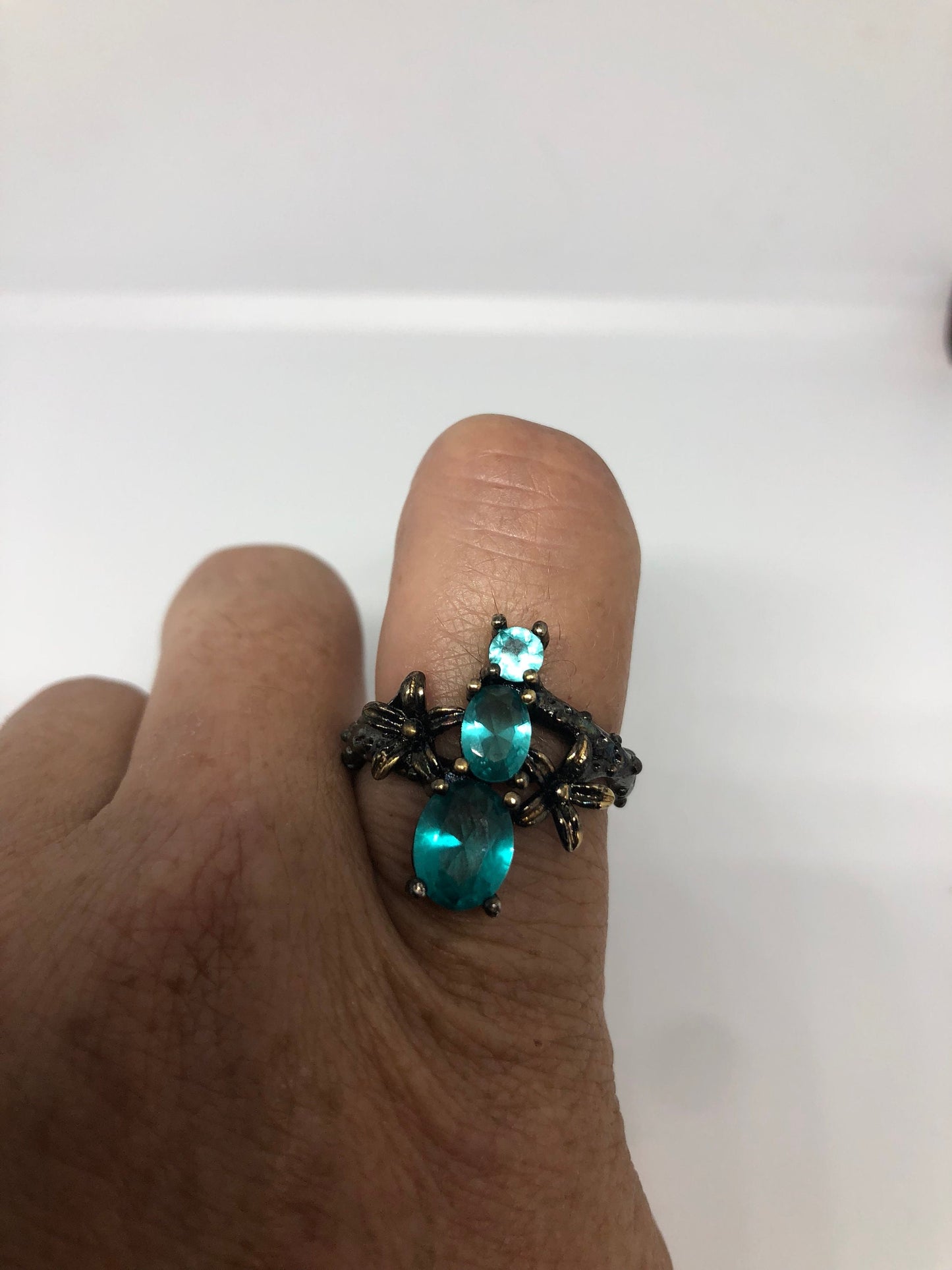 Vintage Handmade Deep Blue Aqua Crystal Setting 925 Sterling Silver and Bronze Gothic Ring