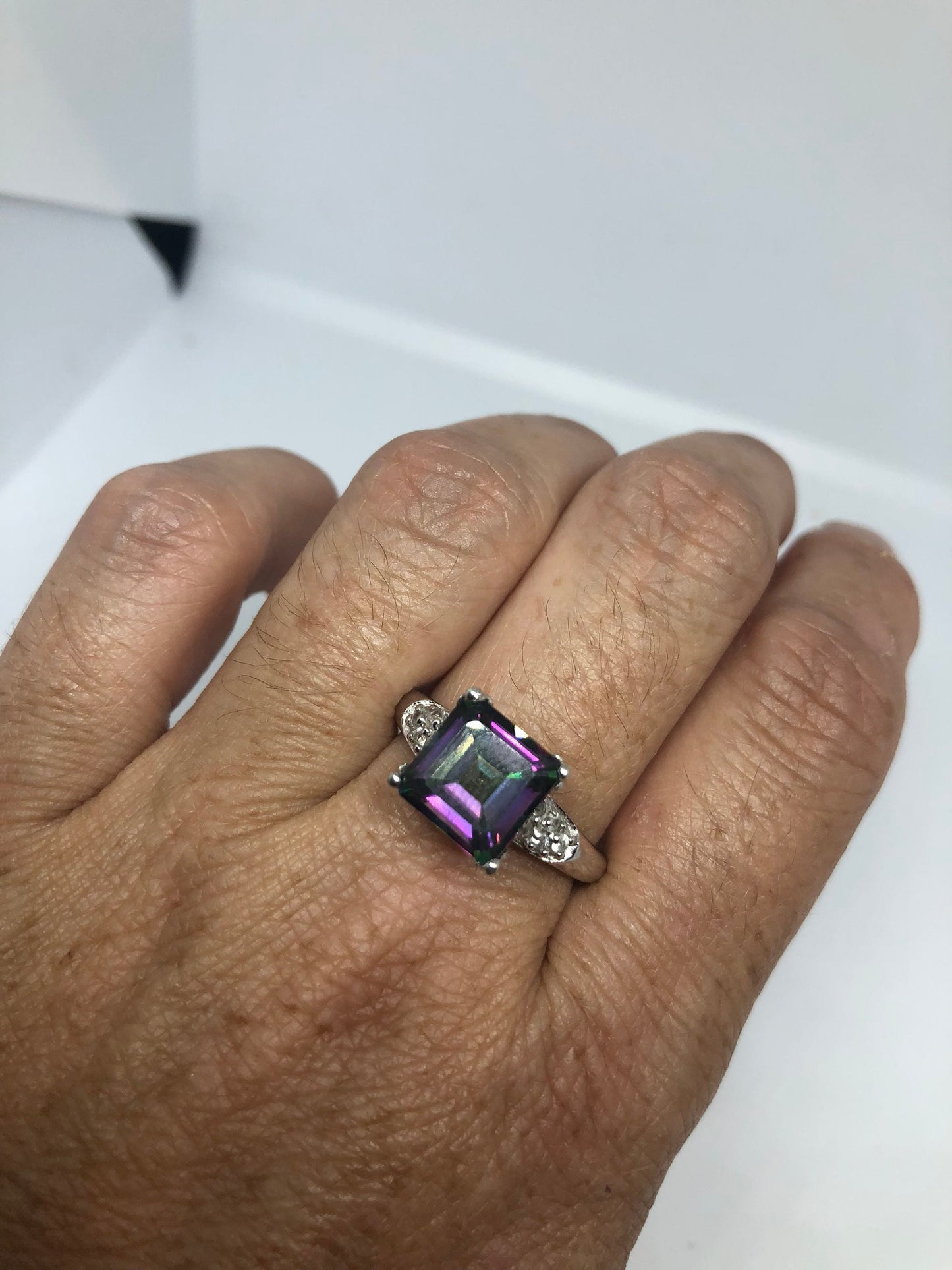 Vintage Genuine Mystic Blue Topaz Golden 925 Sterling Silver Ring