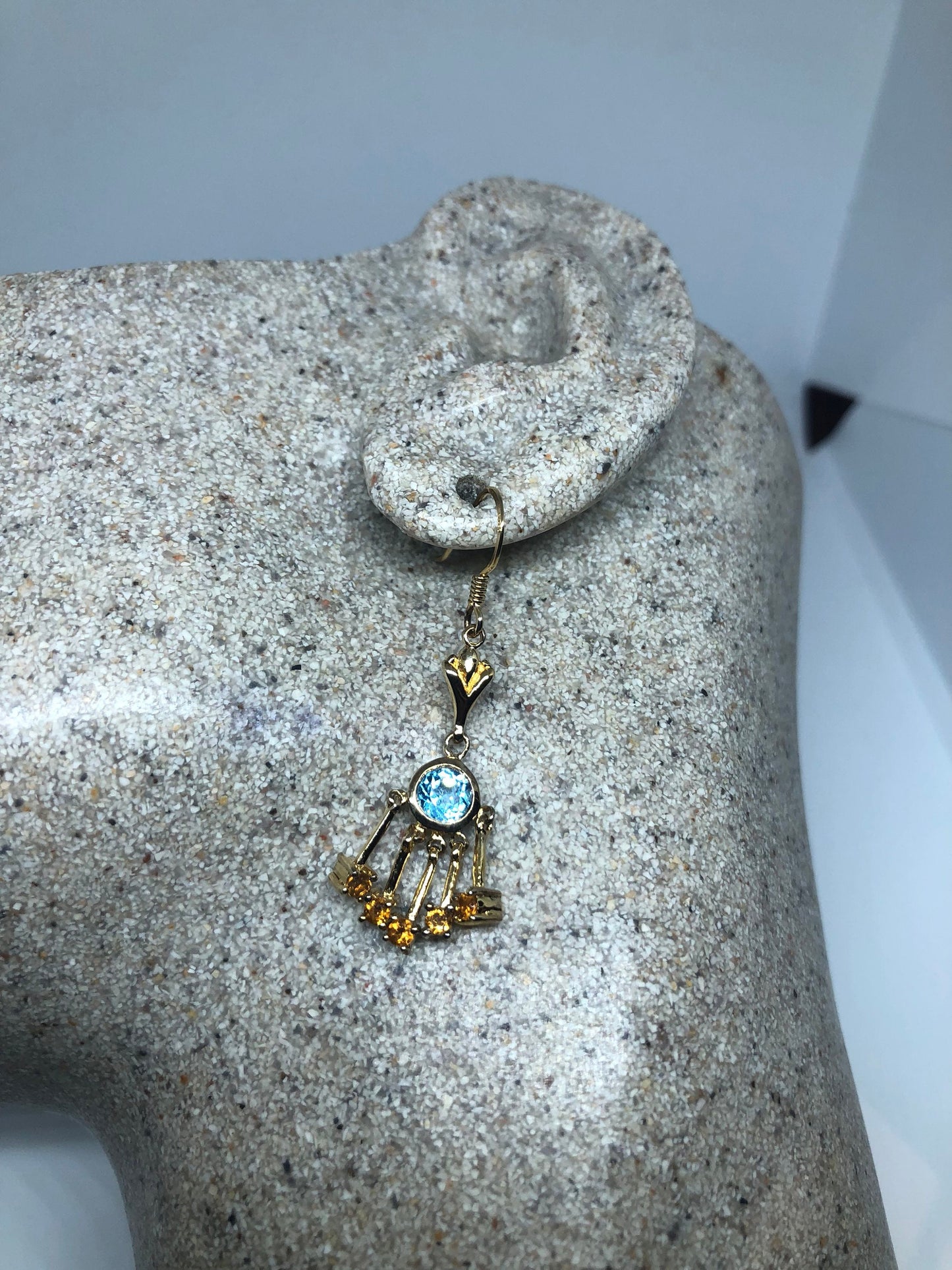 Vintage Blue Topaz Citrine Gemstone Sterling Silver Dangle Earrings