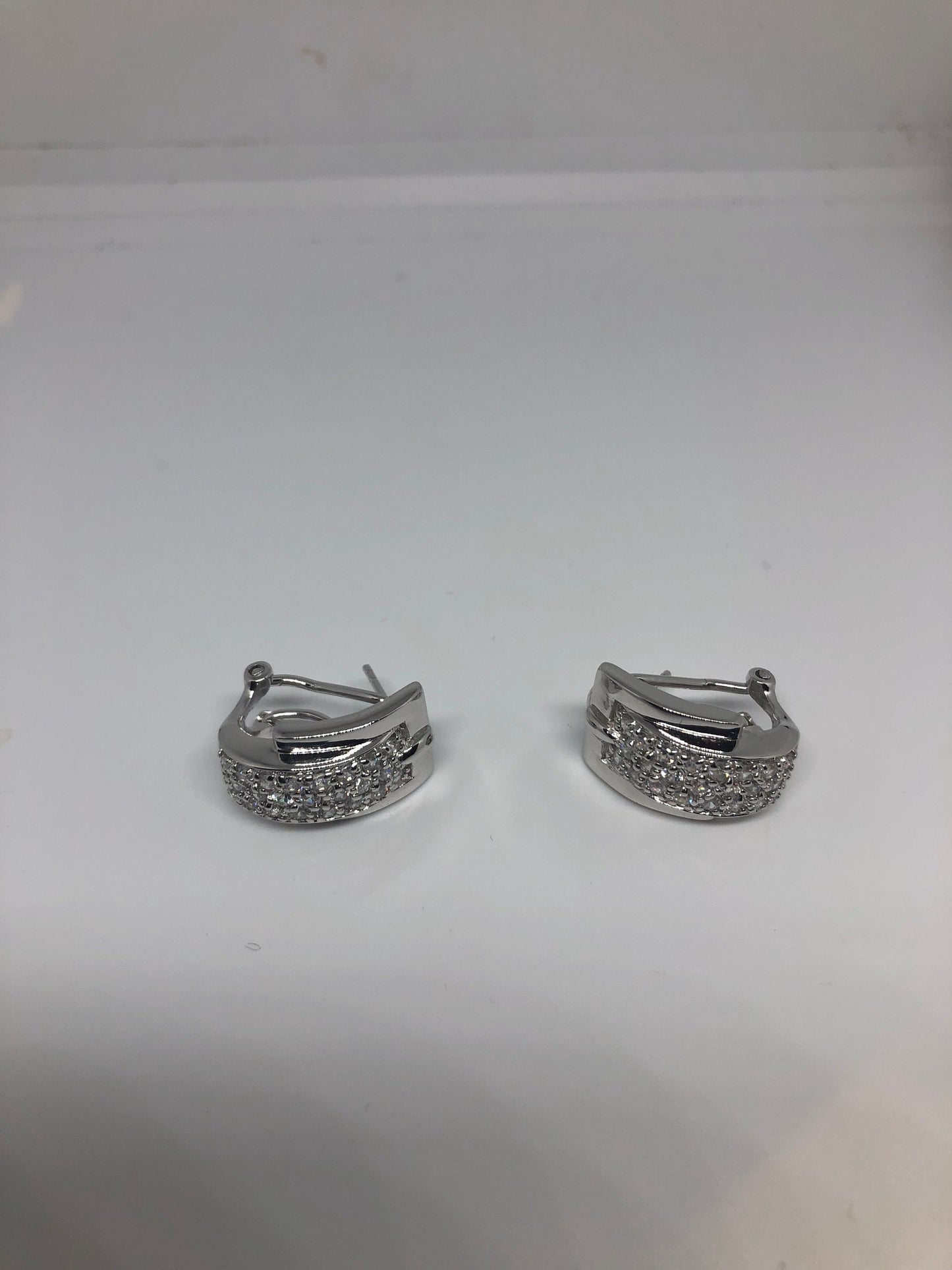 Vintage Handmade Sterling Silver diamond look White Sapphire Gemstone buckle Earrings