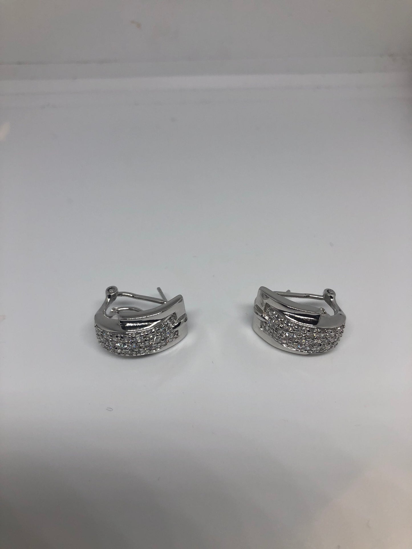 Vintage Handmade Sterling Silver diamond look White Sapphire Gemstone buckle Earrings