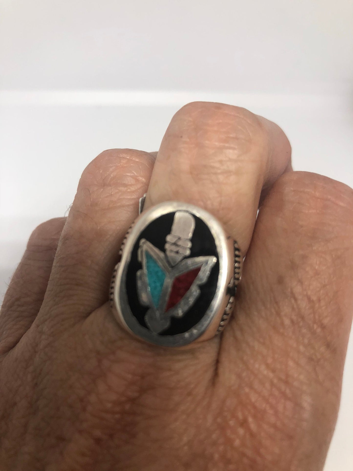 Vintage Native American Style Southwestern Stone Red Coral Turquoise Inlay Tomahawk Mens Ring