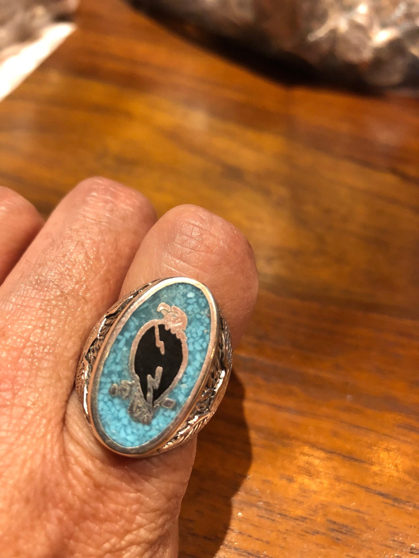 Vintage Native American Style Southwestern Turquoise Stone Inlay Mens Hawk Ring