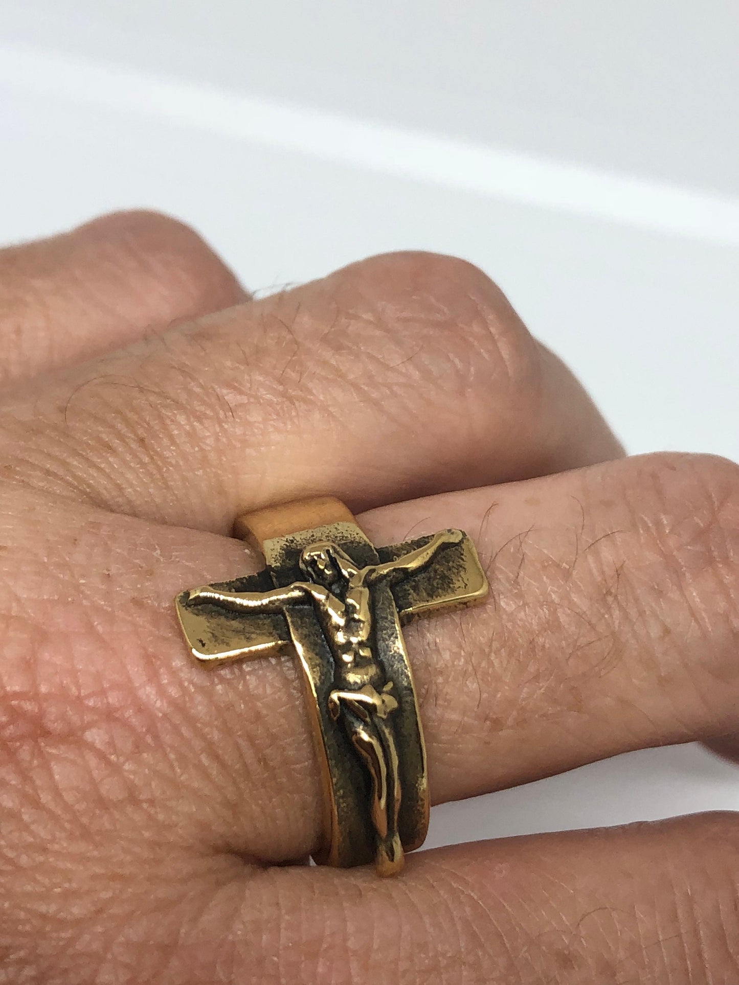 Vintage Bronze Finish Crucifix Cross Mens Ring