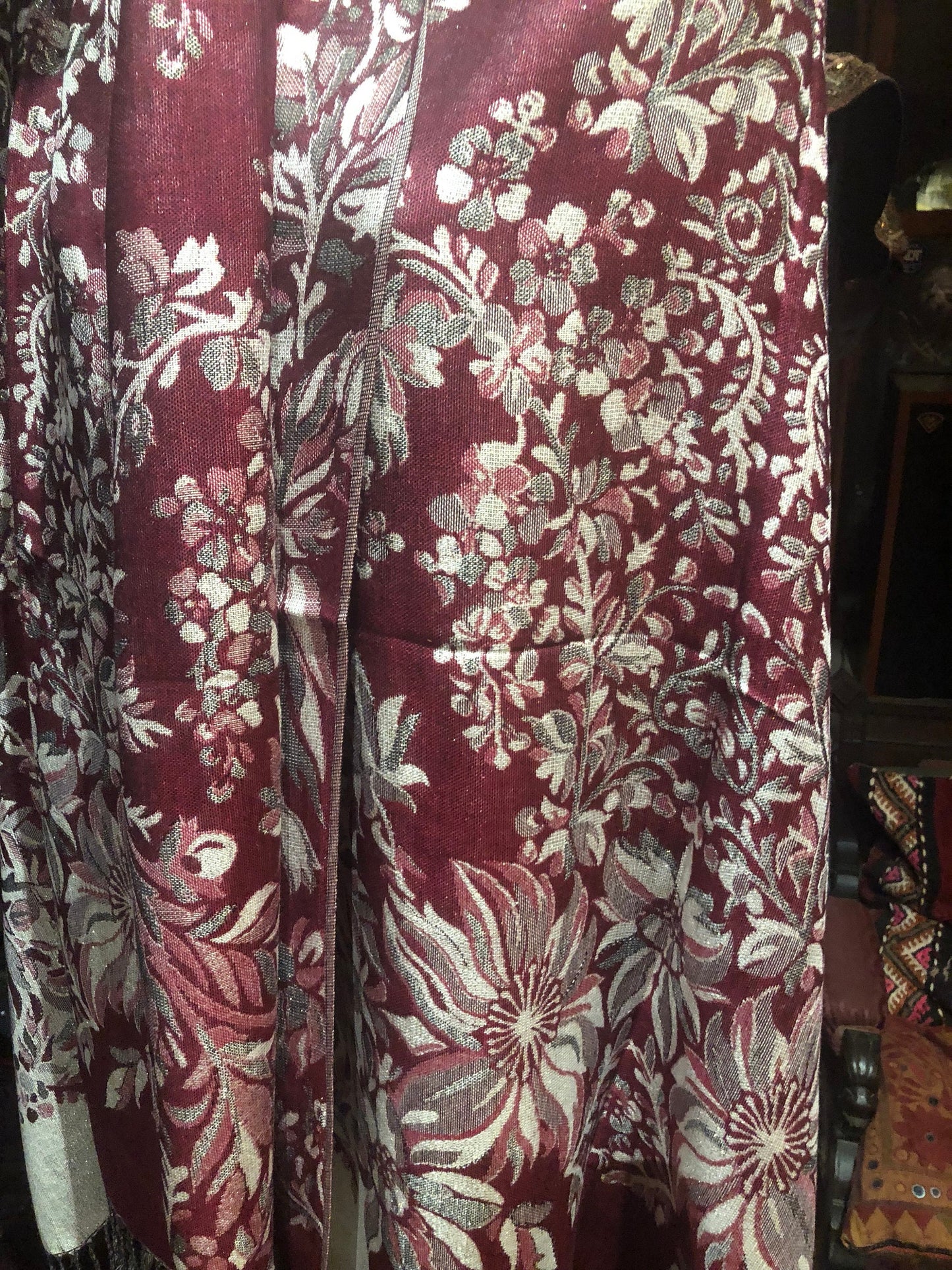 Nemesis Vintage Red White Silver Flower Brocade Pashmina Scarf Wrap