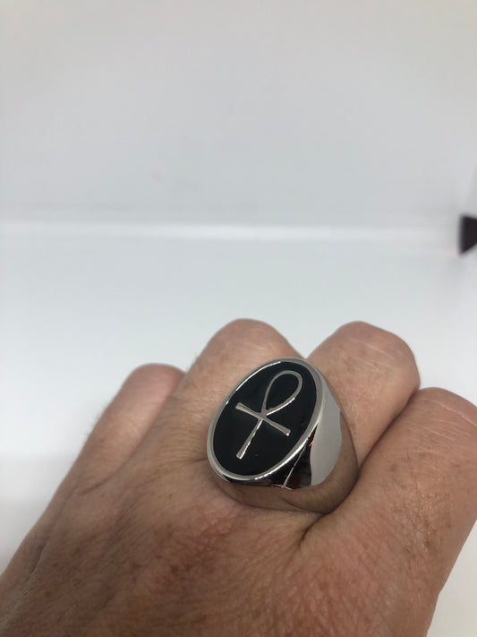 Vintage Stainless Steel Gothic Egyptian Ankh Mens Ring