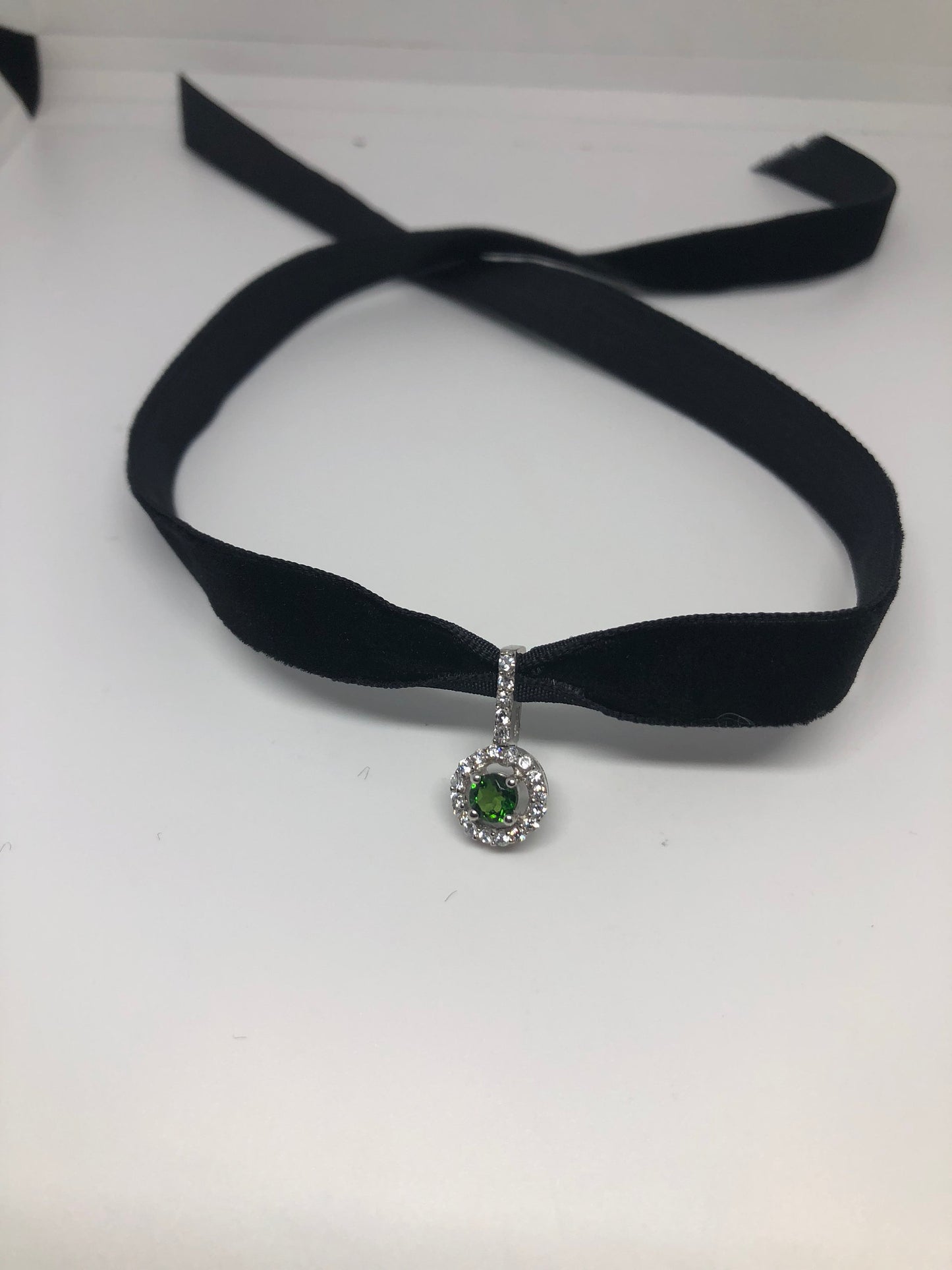 Vintage Green Choker Deco Chrome Diopside 925 Sterling Silver Pendant Necklace