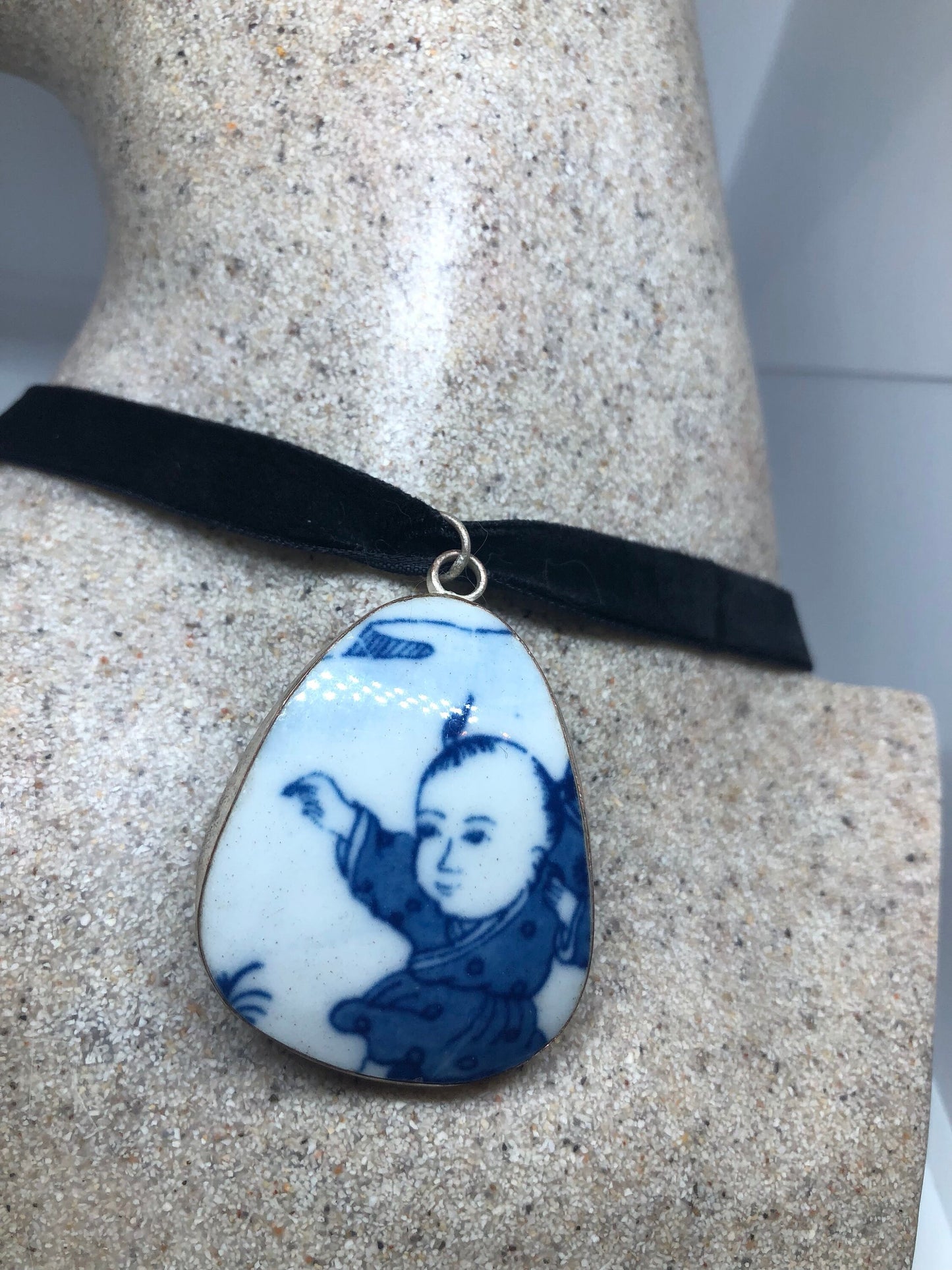 Vintage Handmade painted porcelain Silver Pendant