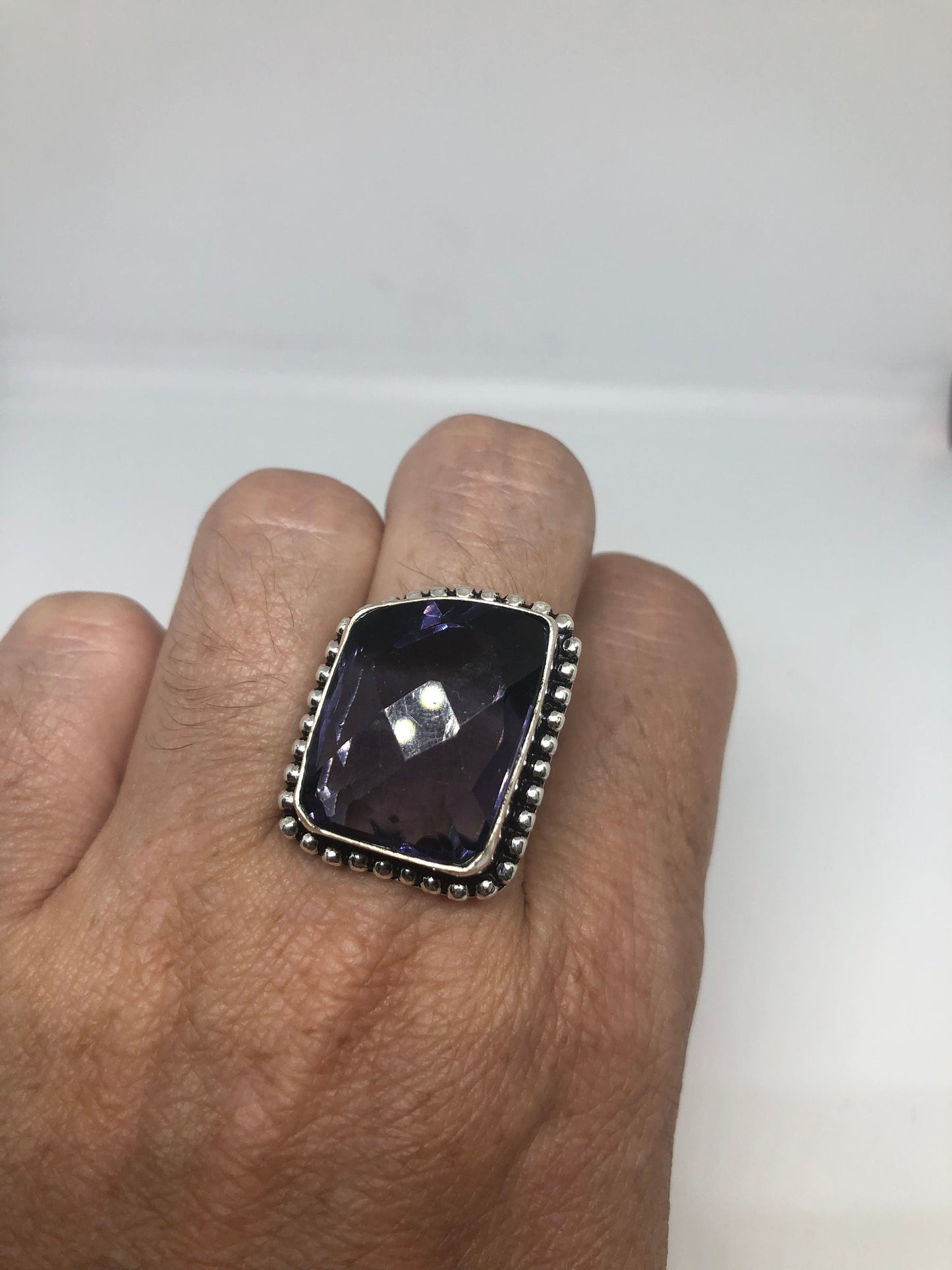Vintage Purple Art Glass Ring, German Silver, Size 8.5