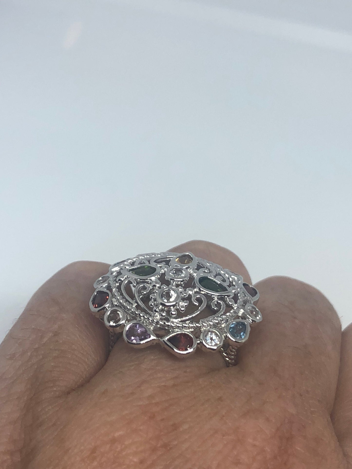 Vintage Handmade Genuine Mixed Tourmaline Golden 925 Sterling Silver Ring