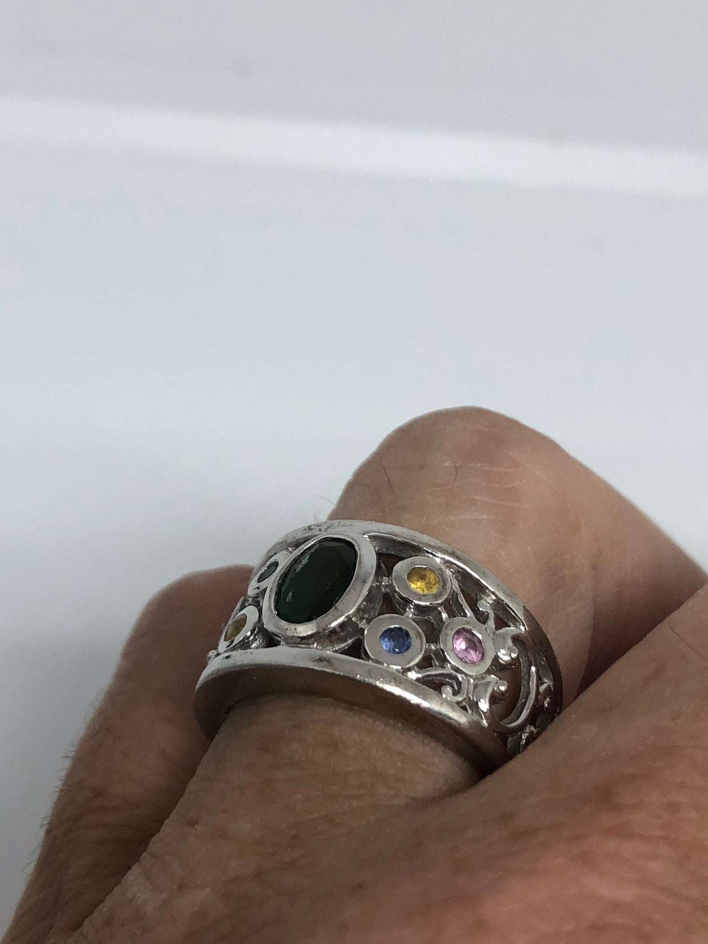 Vintage Handmade Genuine Mixed Tourmaline Golden 925 Sterling Silver Ring