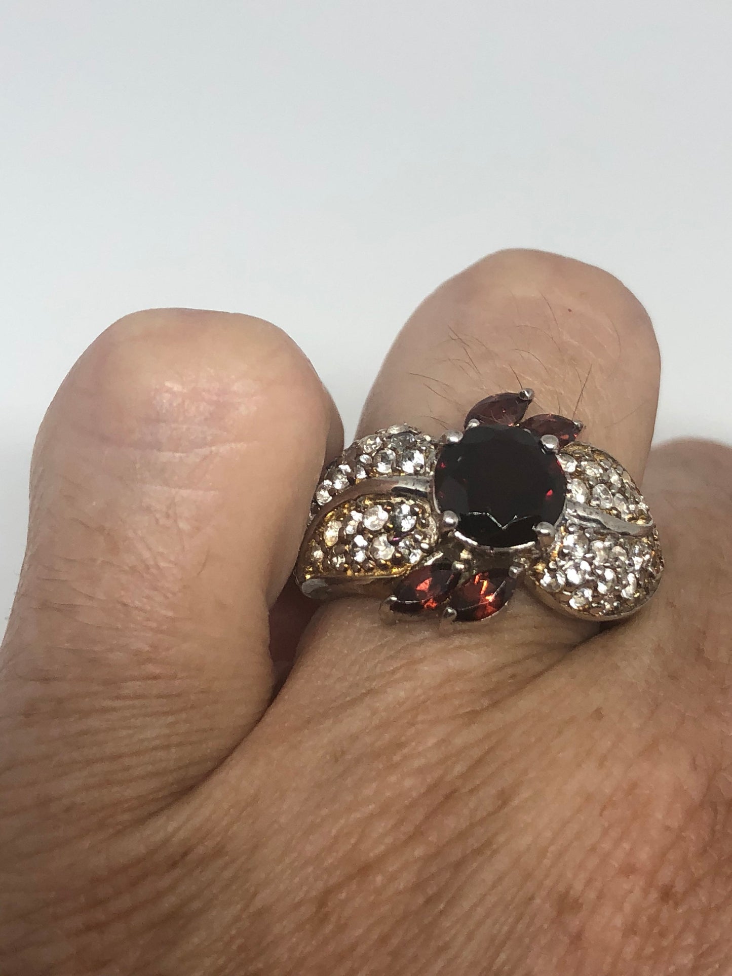 Vintage Red Bohemian Garnet White Sapphire 925 Sterling Silver Cocktail Statement