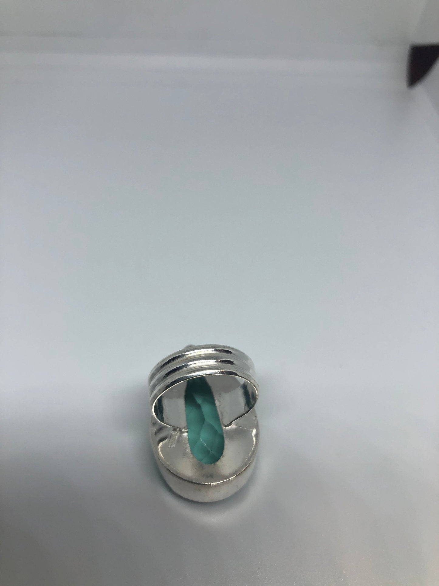Vintage Aqua Volcanic Glass Ring, German Silver, Size 8
