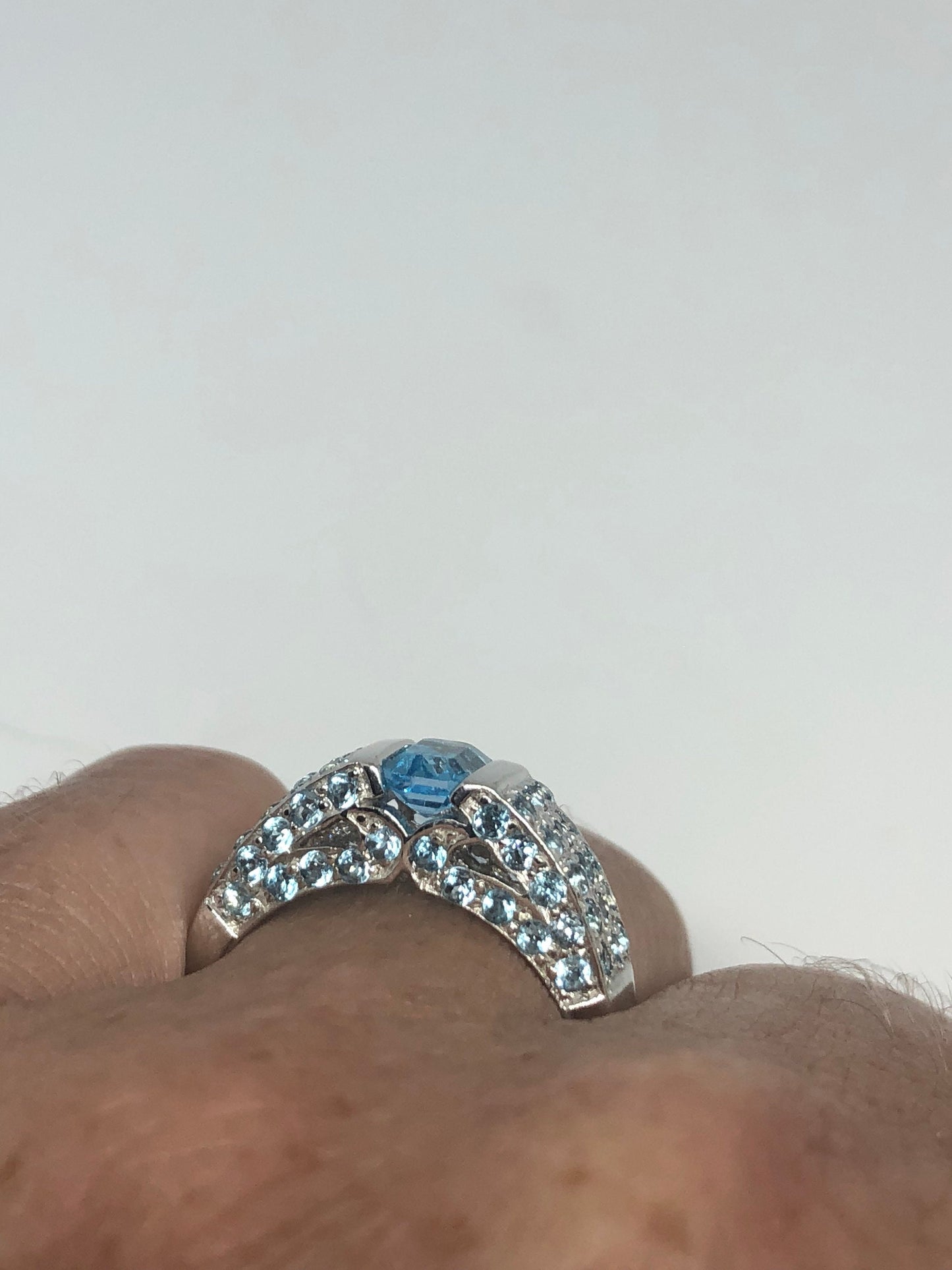 Vintage Genuine Blue Topaz 925 Sterling Silver Rhodium Ring