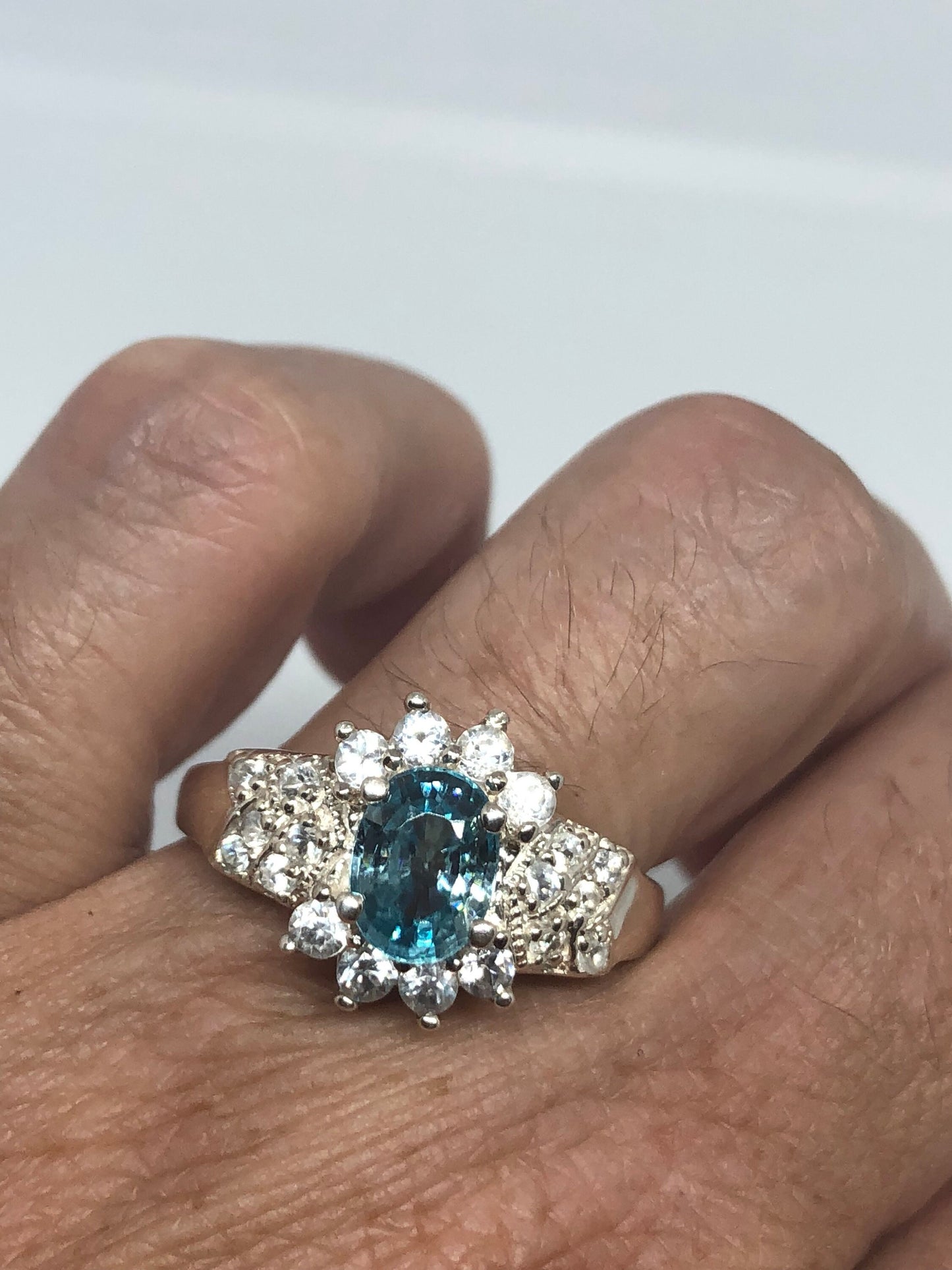Vintage Genuine Blue Topaz and White Sapphire 925 Sterling Silver Rhodium Ring