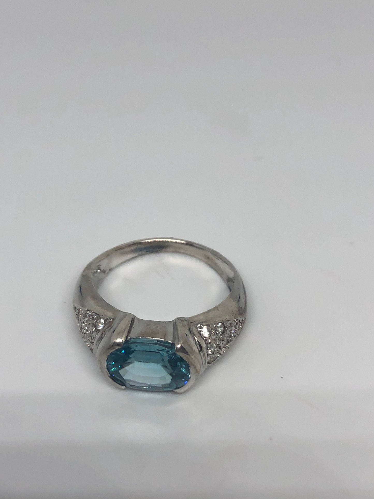 Vintage geniune blue topaz and white sapphire 925 sterling silver rhodium Ring