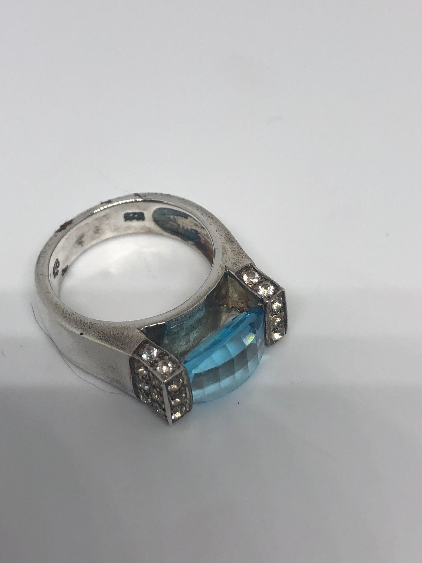 Vintage Genuine Blue Topaz and White Sapphire 925 Sterling Silver Rhodium Ring