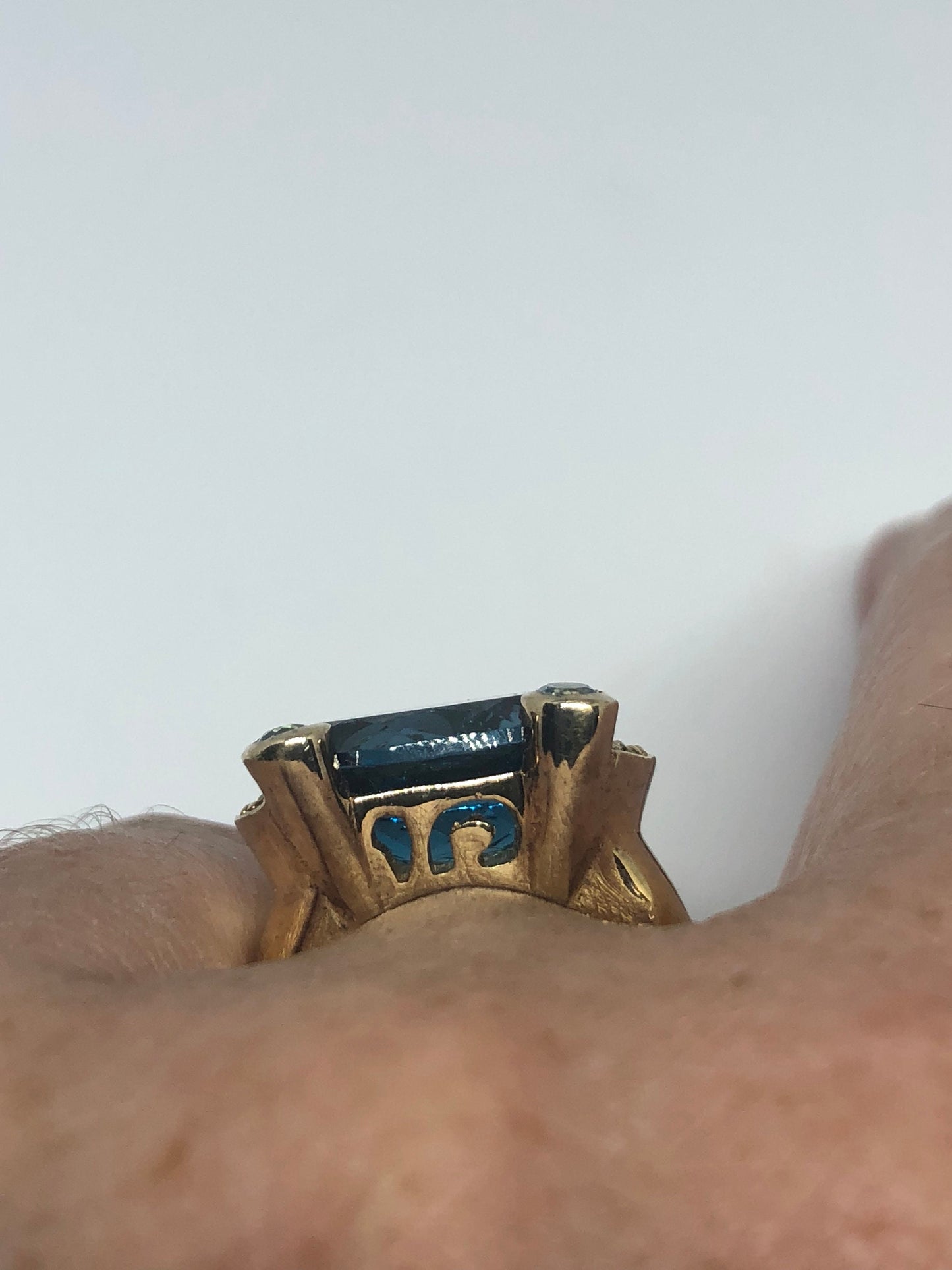 Vintage Genuine Blue Topaz and White Sapphire Golden 925 Sterling Silver Rhodium Ring