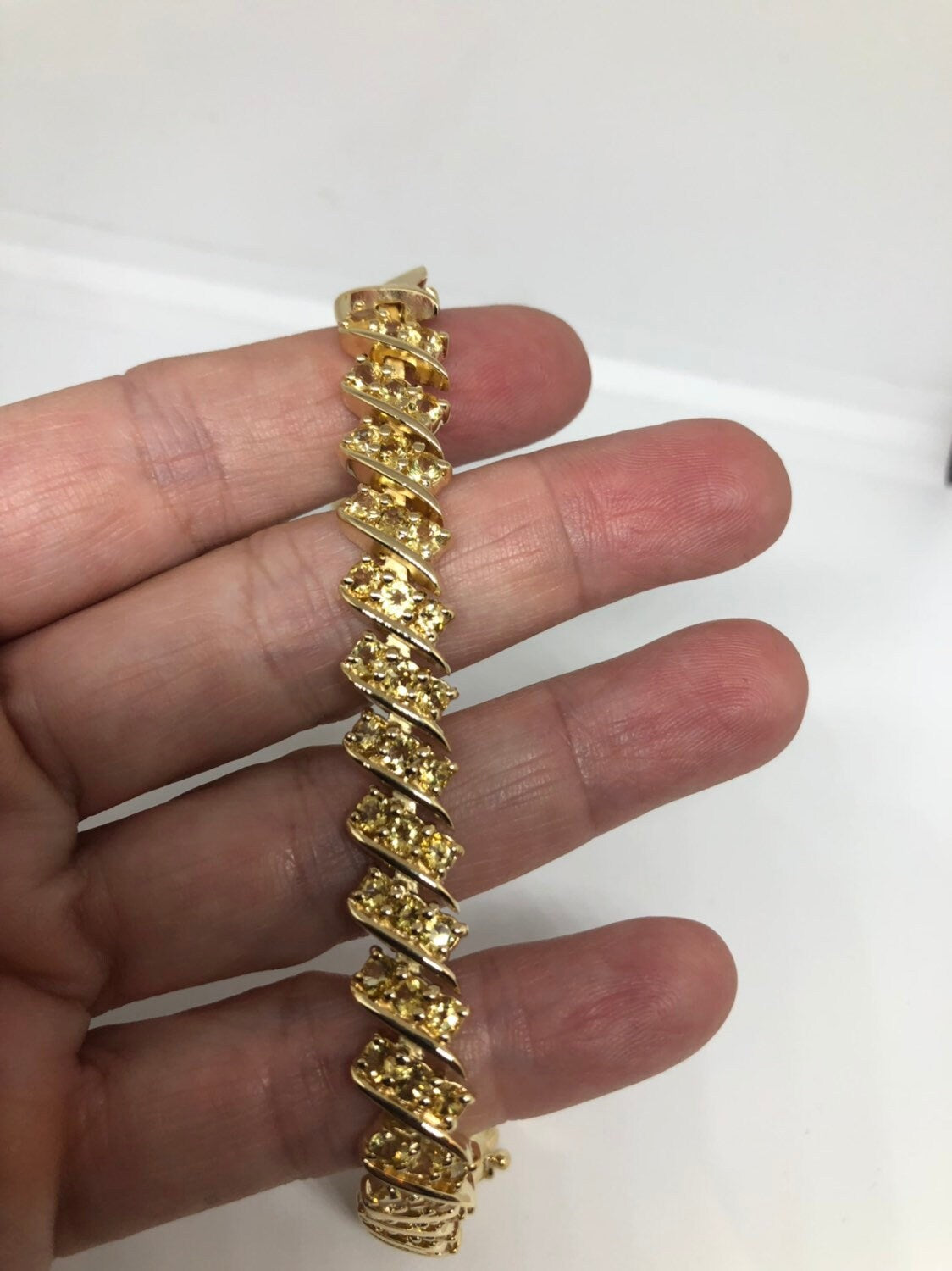 Vintage Gold Citrine Bracelet Deco 925 Sterling Silver Tennis