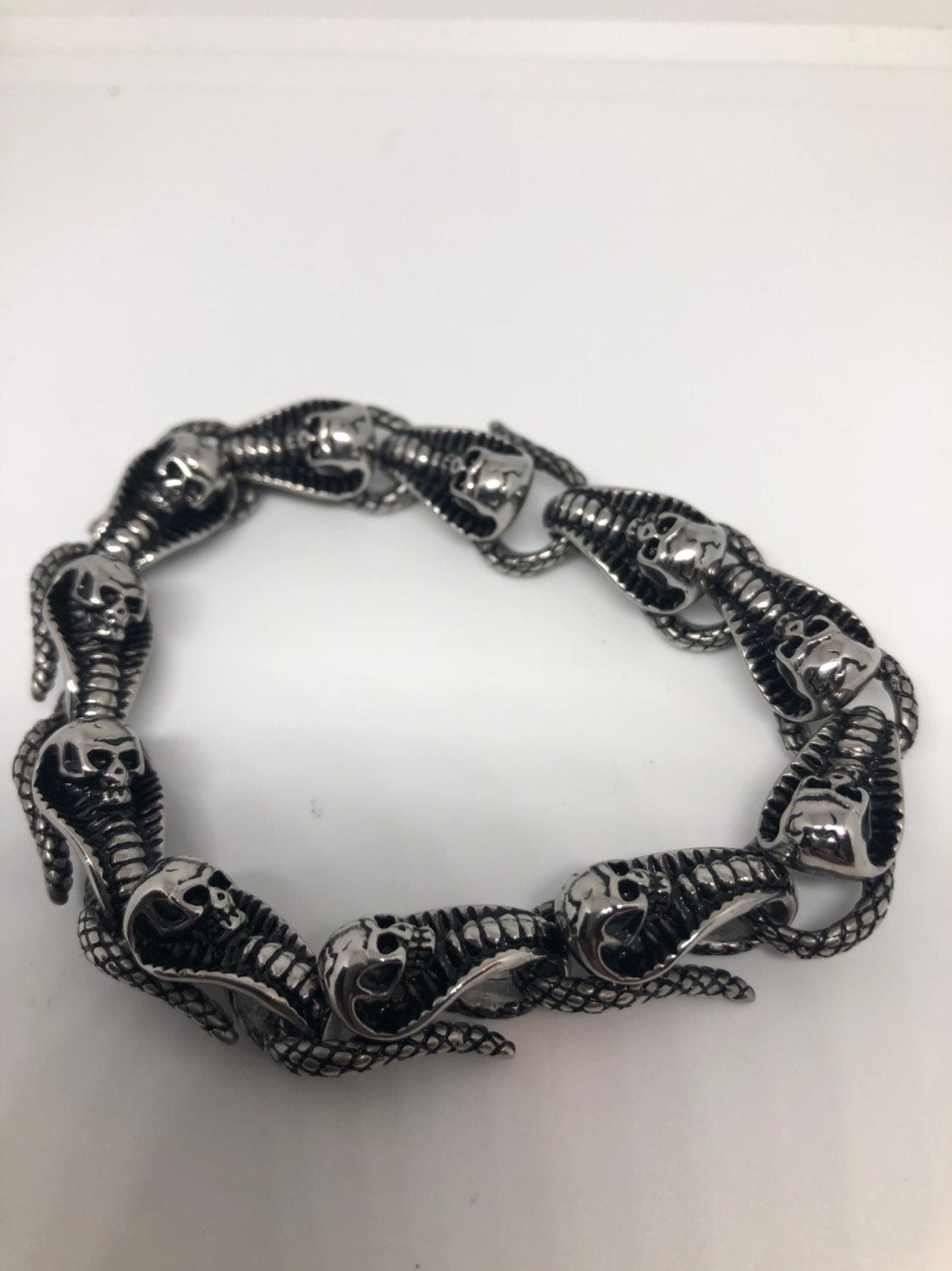 Vintage Style Unisex Mens Stainless Steel Snake Skull Bracelet
