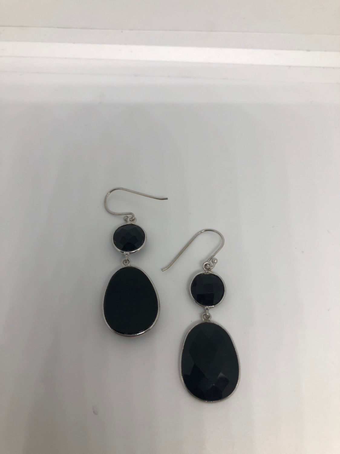 Vintage Genuine Faceted Black Onyx 925 Sterling Silver Deco Dangle Earrings