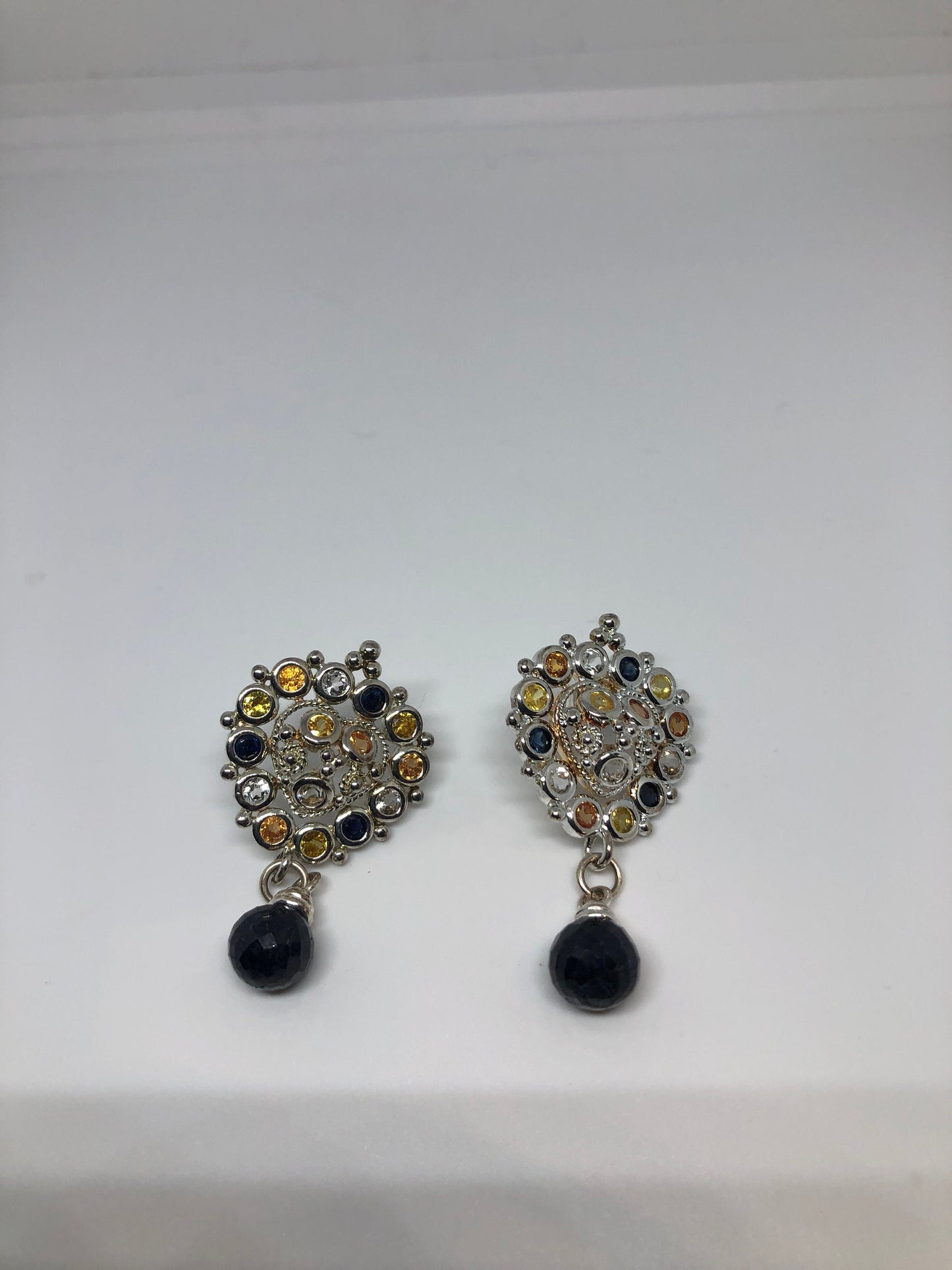 Vintage Mixed Genuine Gemstone Filigree 925 Sterling Silver Dangle button Earrings