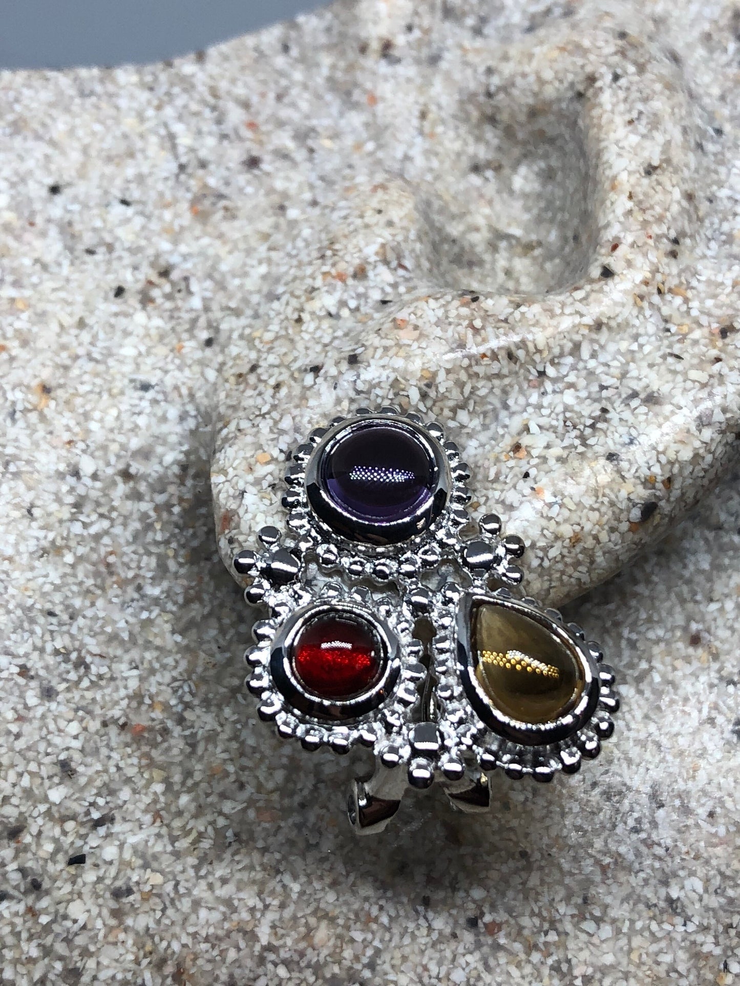 Vintage Mixed Genuine Gemstone Filigree 925 Sterling Silver Dangle button Earrings