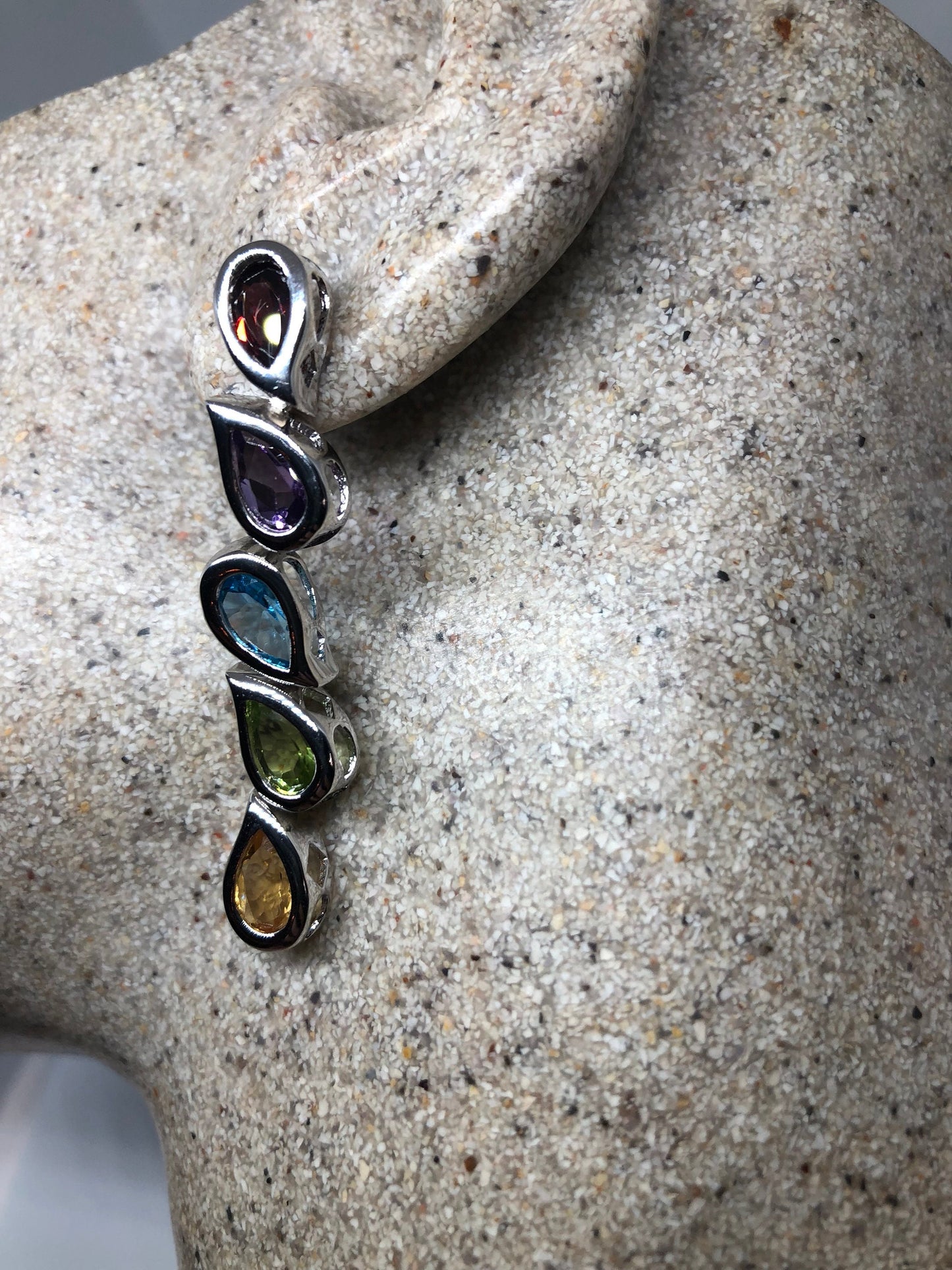 Vintage Mixed Genuine Gemstone Filigree 925 Sterling Silver Dangle button Earrings