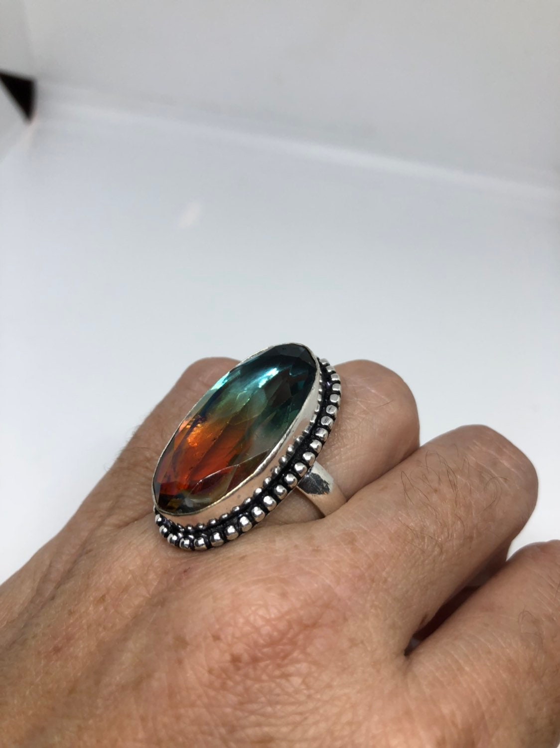 Vintage Art Glass Cocktail Ring, German Silver Size 9