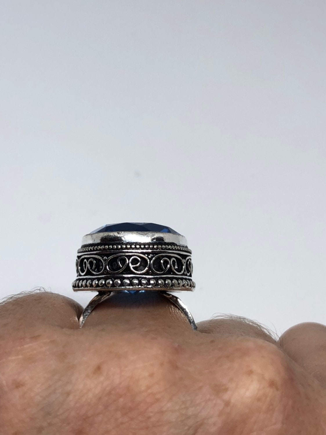 Vintage Art Glass Ring, Ornate German Silver Adjustable Band