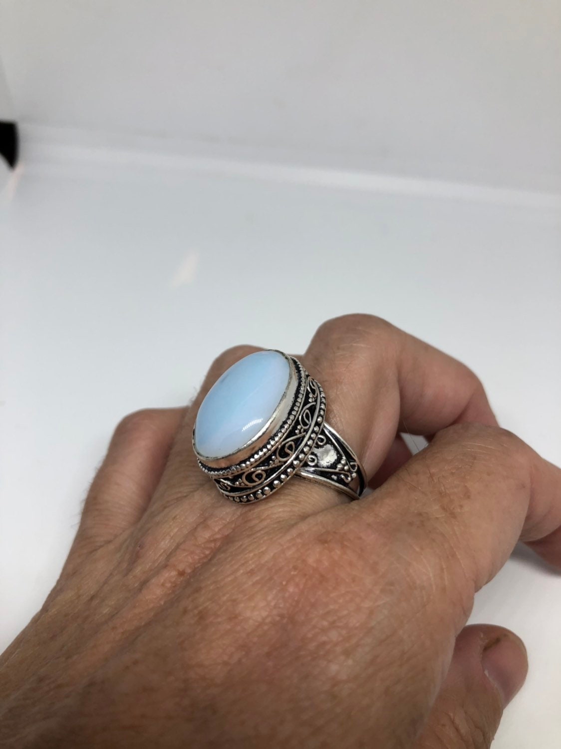 Vintage Deep Blue Opal Vintage Art Glass Ring About an Inch Long Ring