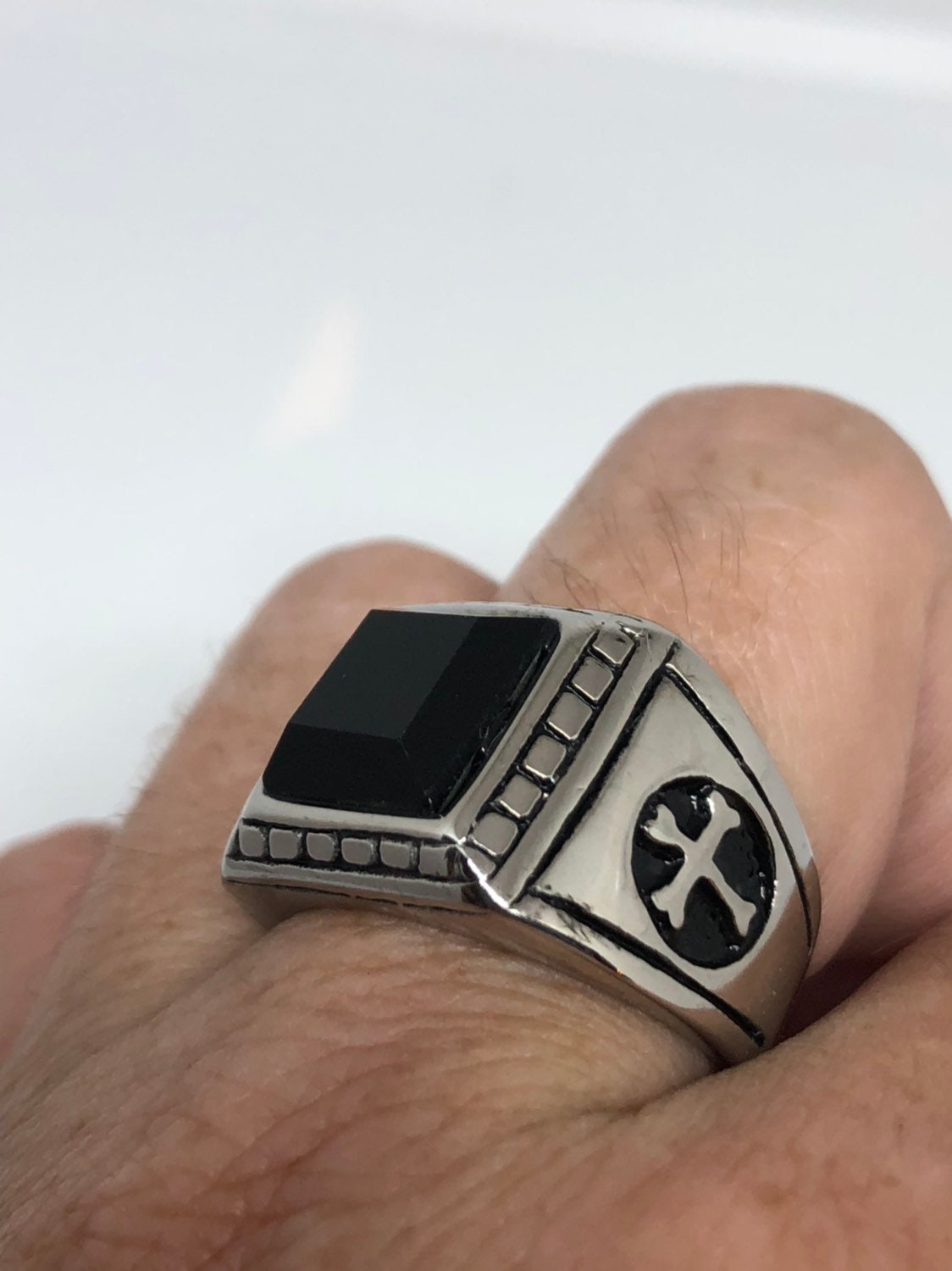 Vintage Gothic Black Onyx Stainless Steel cross Mens Ring