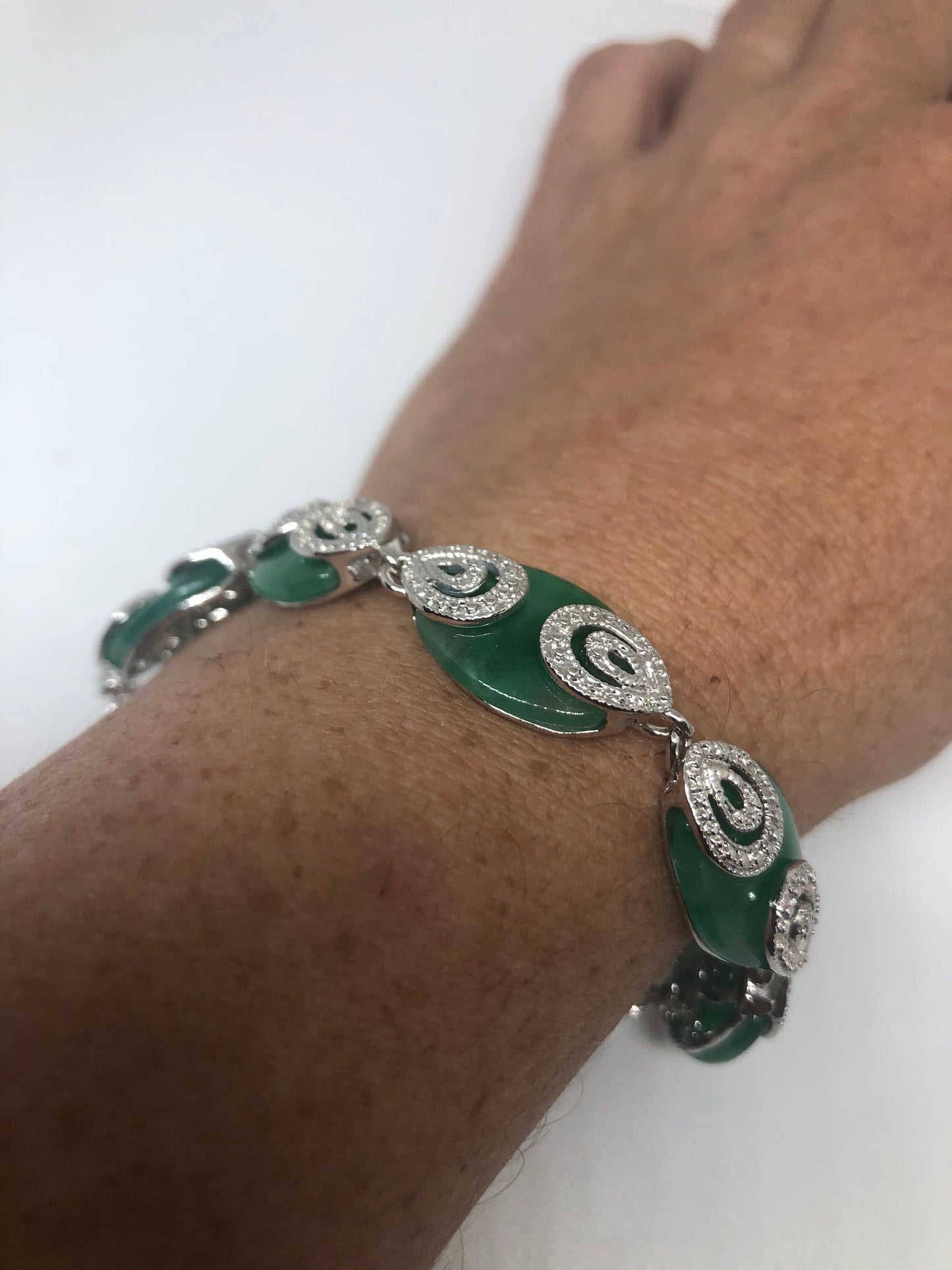 Vintage Green Jade Bracelet Silver White Bronze