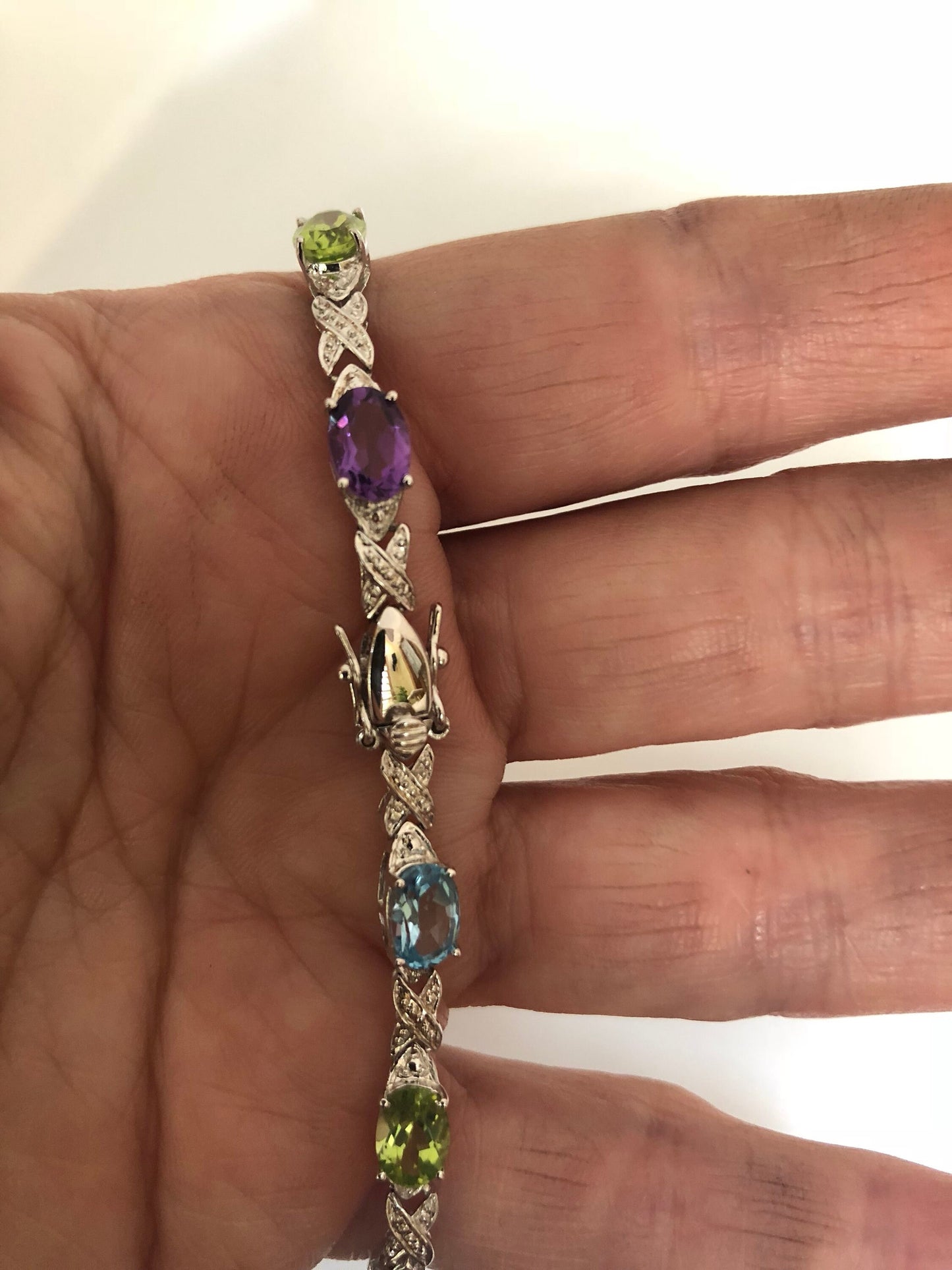 Vintage Genuine Mixed Gemstones 925 Sterling Silver Tennis Bracelet