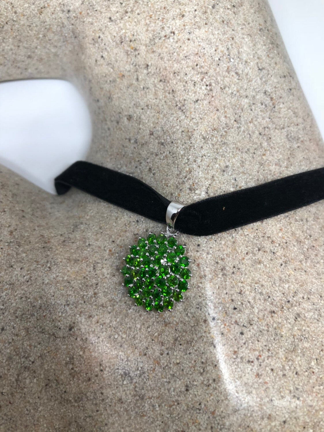 Vintage Green Choker Deco Chrome Diopside 925 Sterling Silver Pendant Necklace