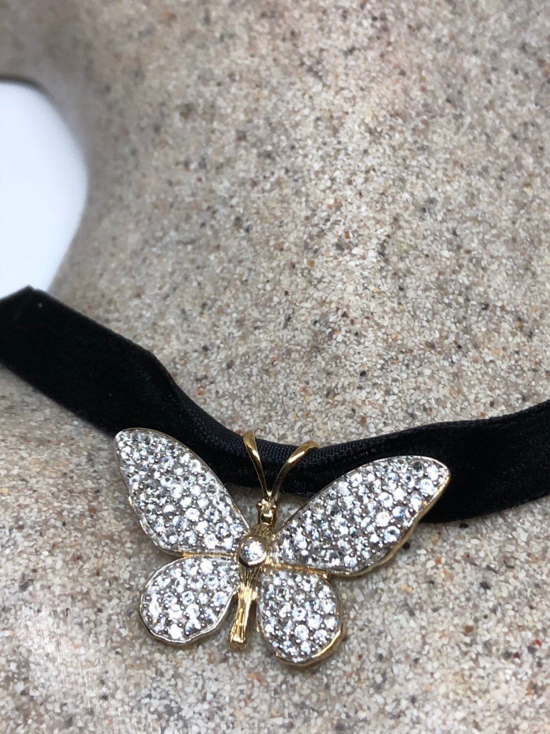 Vintage Handmade 925 Sterling Silver Gold Rhodium White Sapphire Butterfly Pendant Choker
