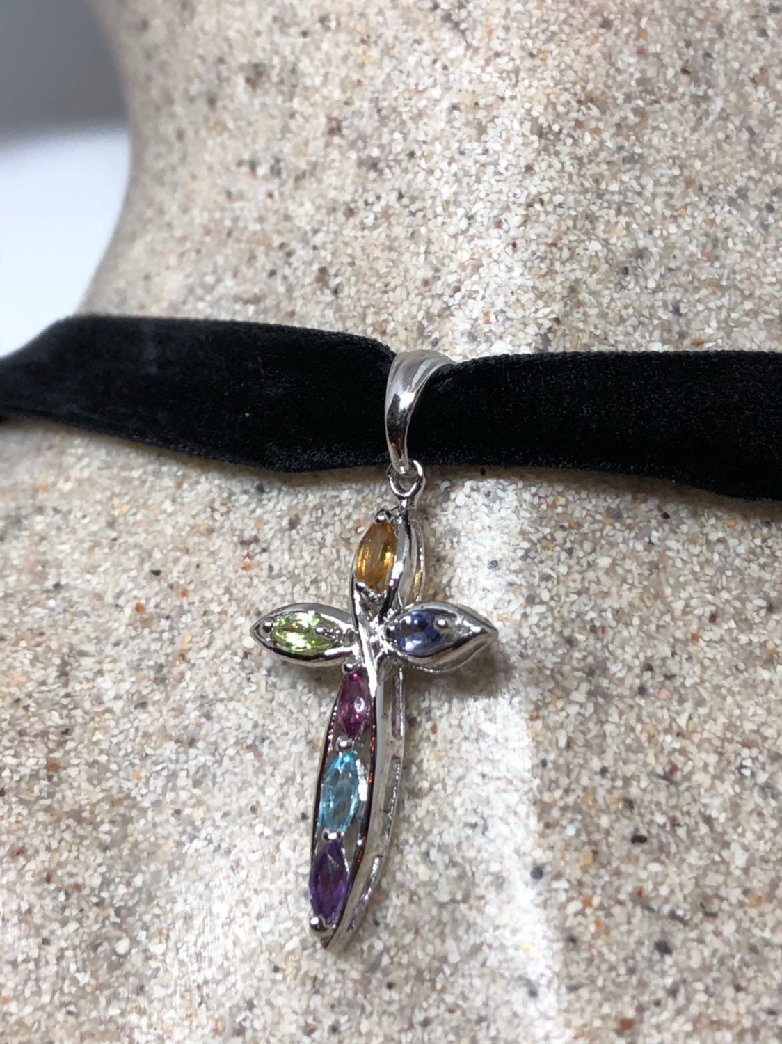 Vintage Handmade 925 Sterling Silver Mixed Gemstone Cross Antique Pendant Necklace