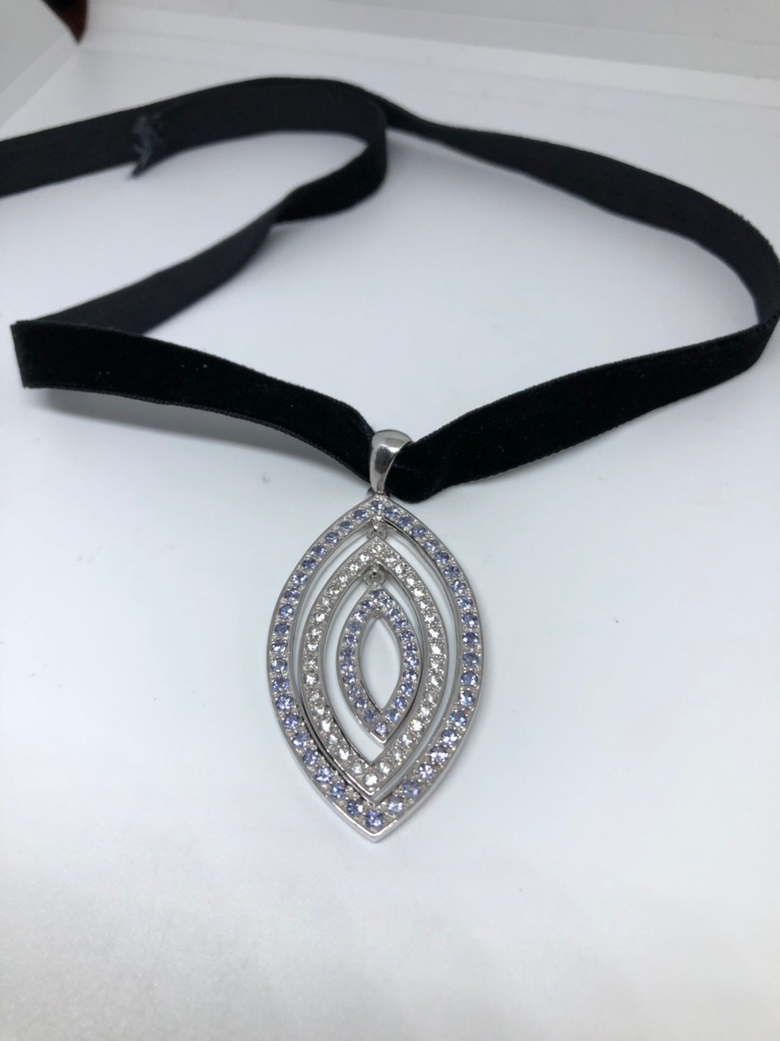 Vintage Blue Tanzanite choker Necklace 925 Stering Silver Pendant