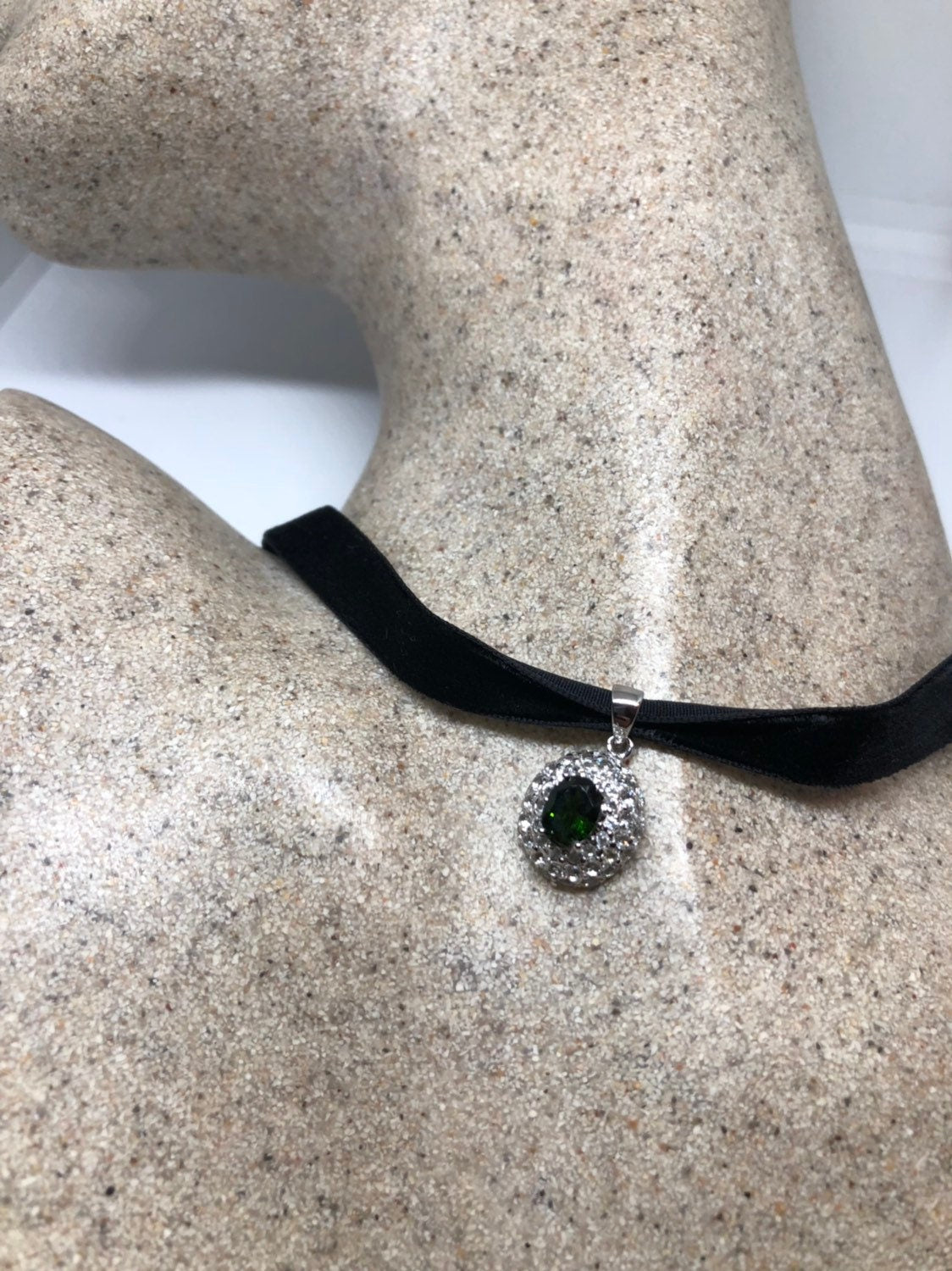 Vintage Green Choker Deco Chrome Diopside 925 Sterling Silver Pendant Necklace